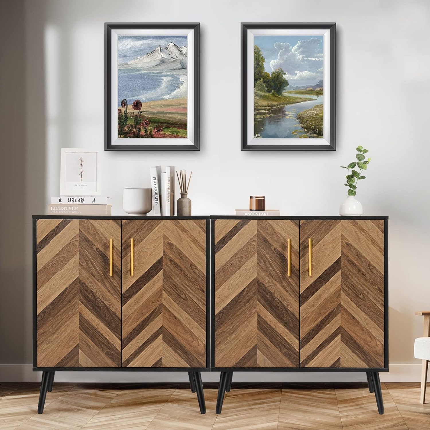Juego de 2 armarios decorativos de almacenamiento con puertas y estantes, moderno aparador con almacenamiento, armarios independientes Credenza de