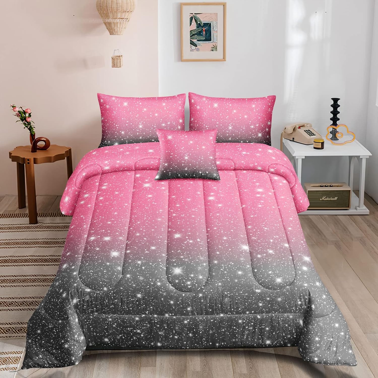 5 Pieces Rainbow Glitter Sparkles Comforter Set Twin Size Galaxy Starry Sky Bedding Sets 5 Pieces Bed in A Bag for Kids Teen Girls Ultra Soft