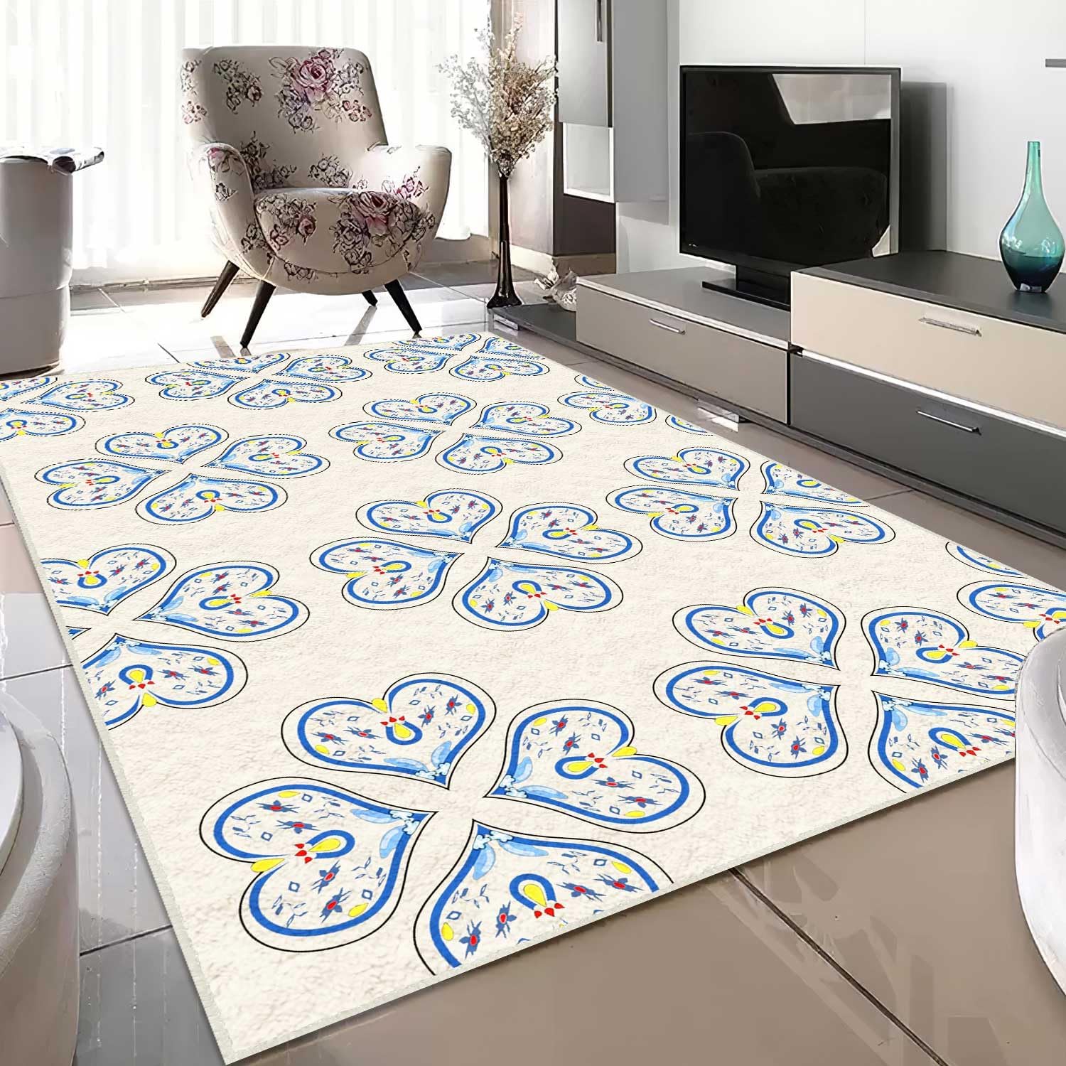 Alfombra de enrejado floral para sala de estar, 3 pies 3 pulgadas x 5 pies 3 pulgadas, cremaazul moderna alfombra de flores que no se desprende,