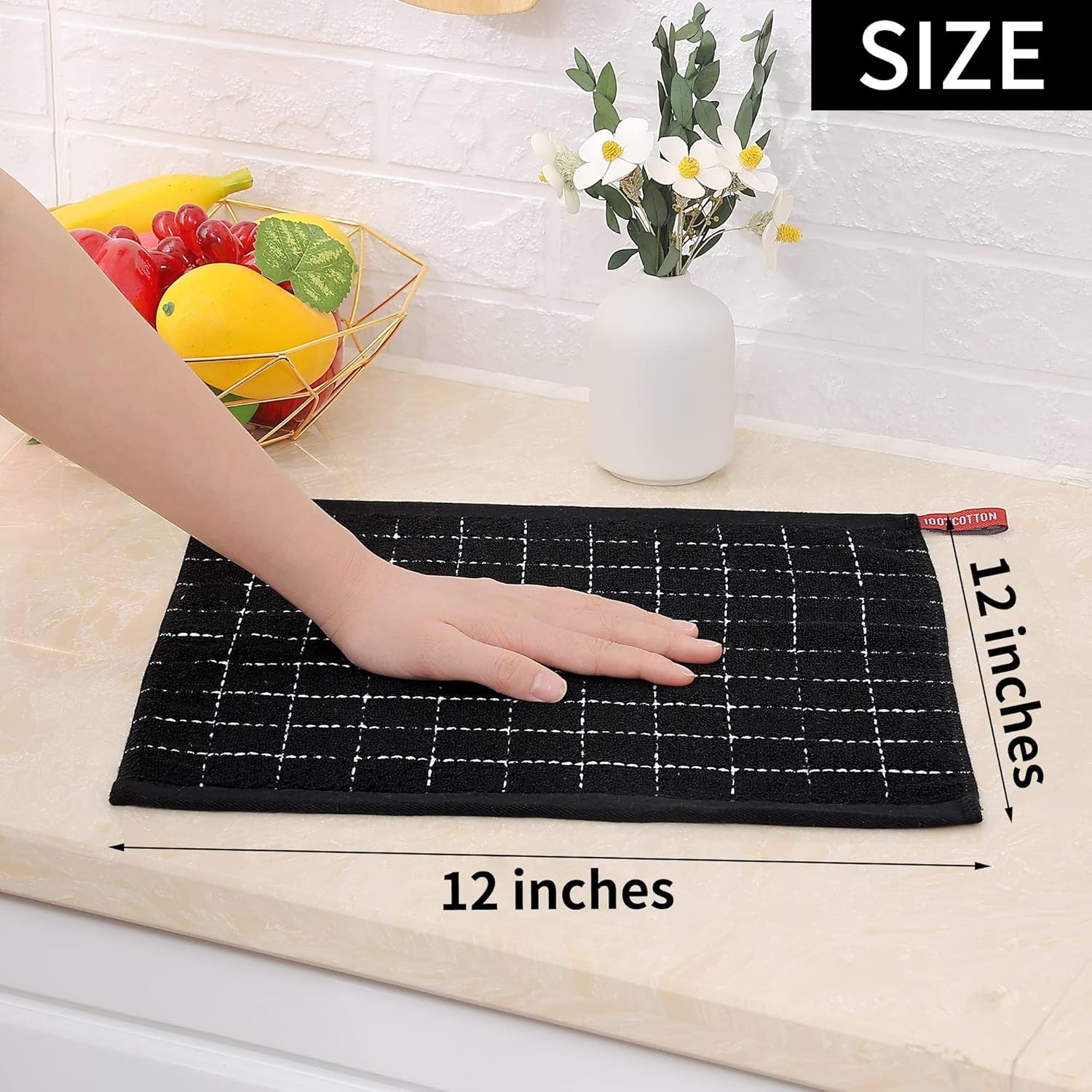 Homaxy Trapos de cocina de rizo de 100% algodón, ultra suaves y absorbentes, paños de secado rápido, 12 unidades, 12 x 12 pulgadas, color negro