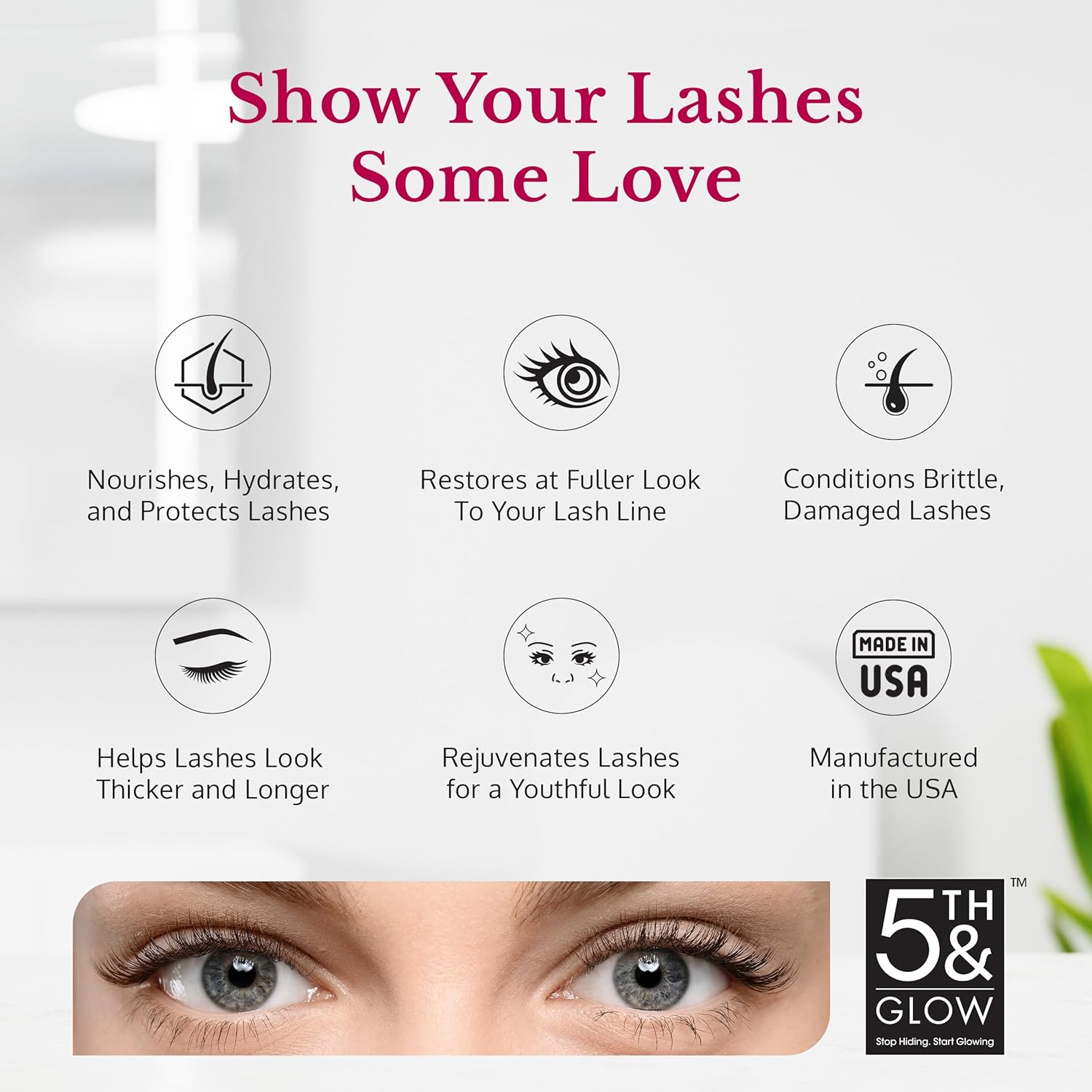 5th & Glow Miracle Lash Enhancing Serum, suero de pestañas para nutrir, hidratar y proteger las pestañas, promueve el crecimiento de pestañas