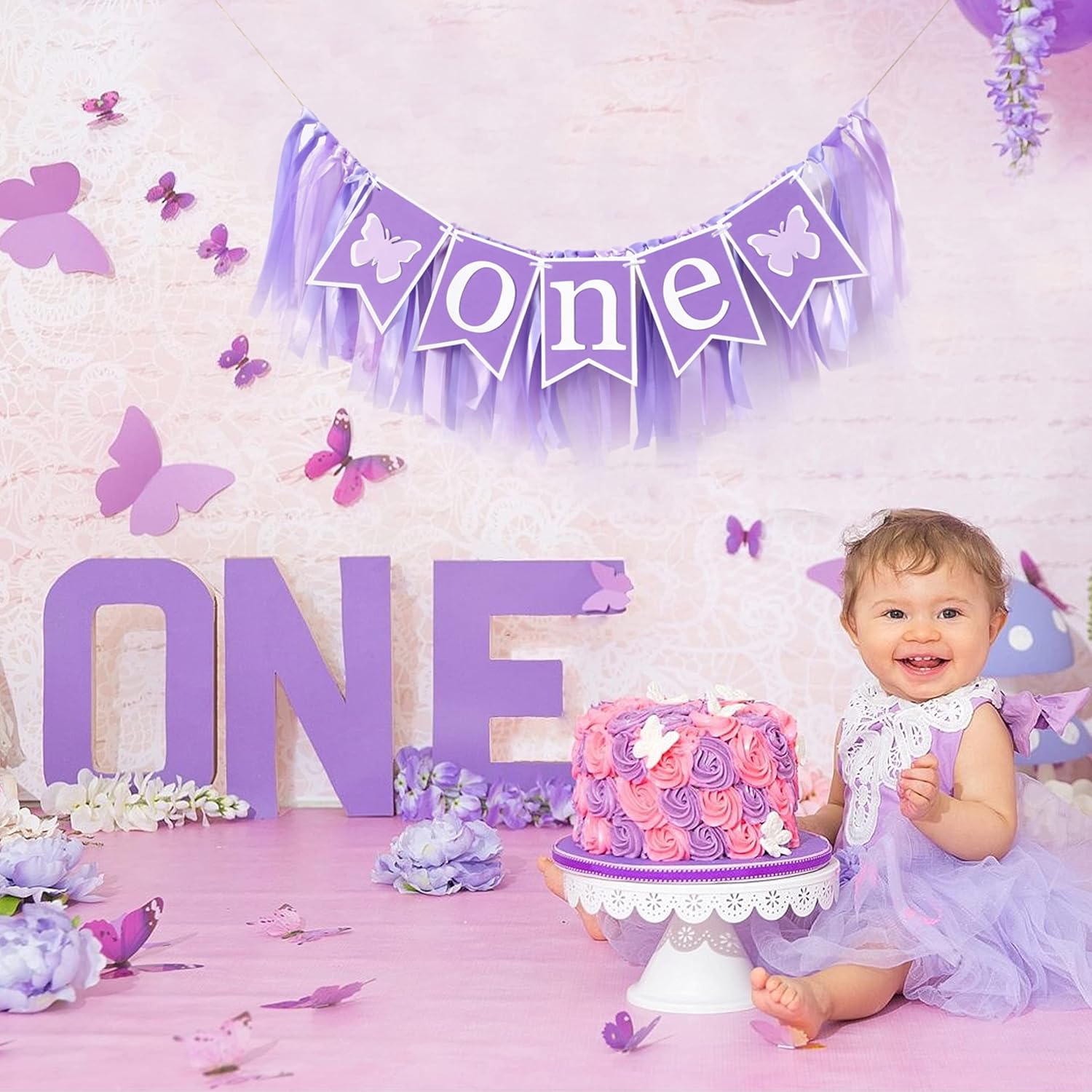 Cartel de mariposa para silla alta  Decoración de mariposa para el primer y primer cumpleaños, tutú de silla alta de mariposa para primer