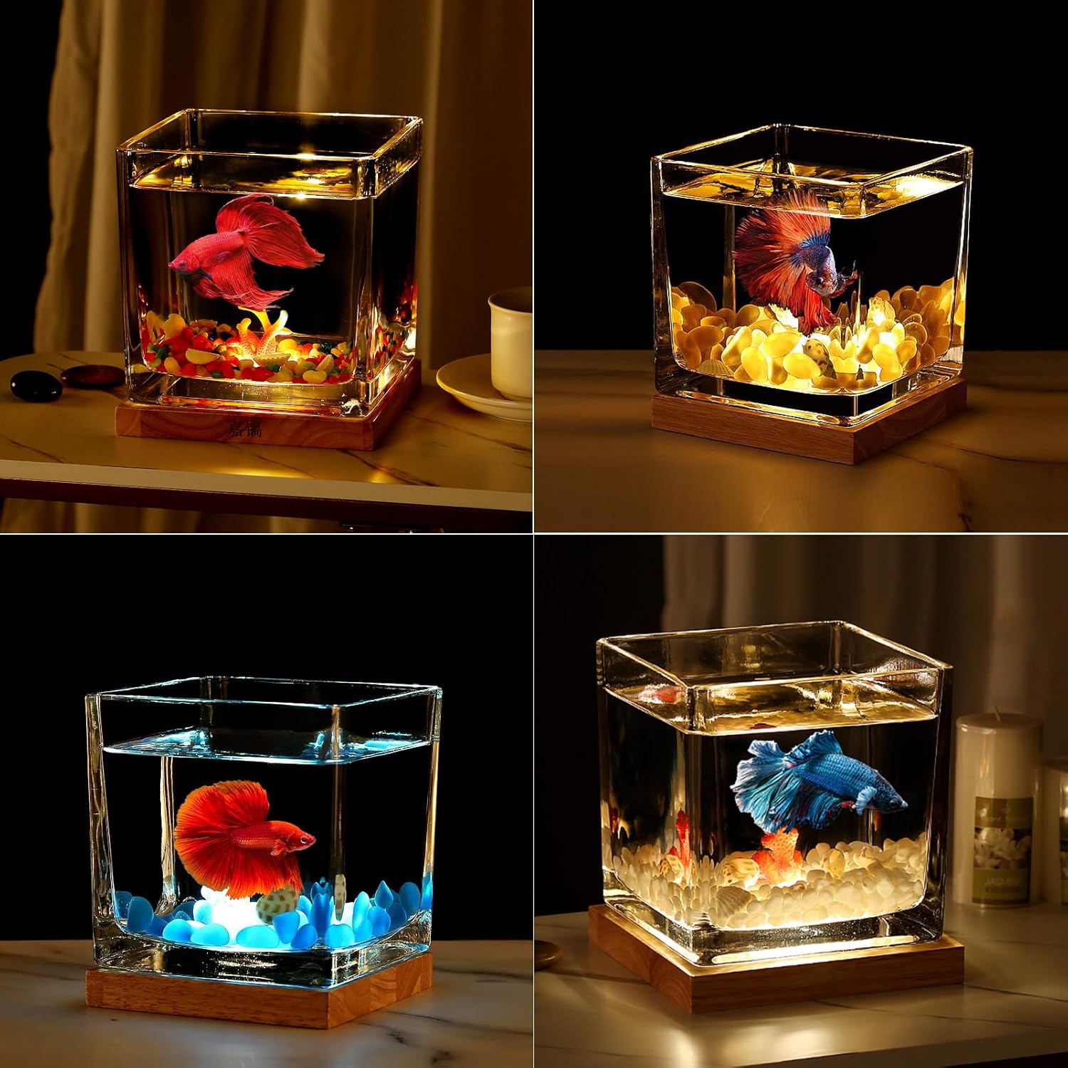 Kit de tanque de peces de 0.81 galones, juego de escritorio para acuario, vidrio pequeño para niños, tazón de pescado cuadrado Betta con base de