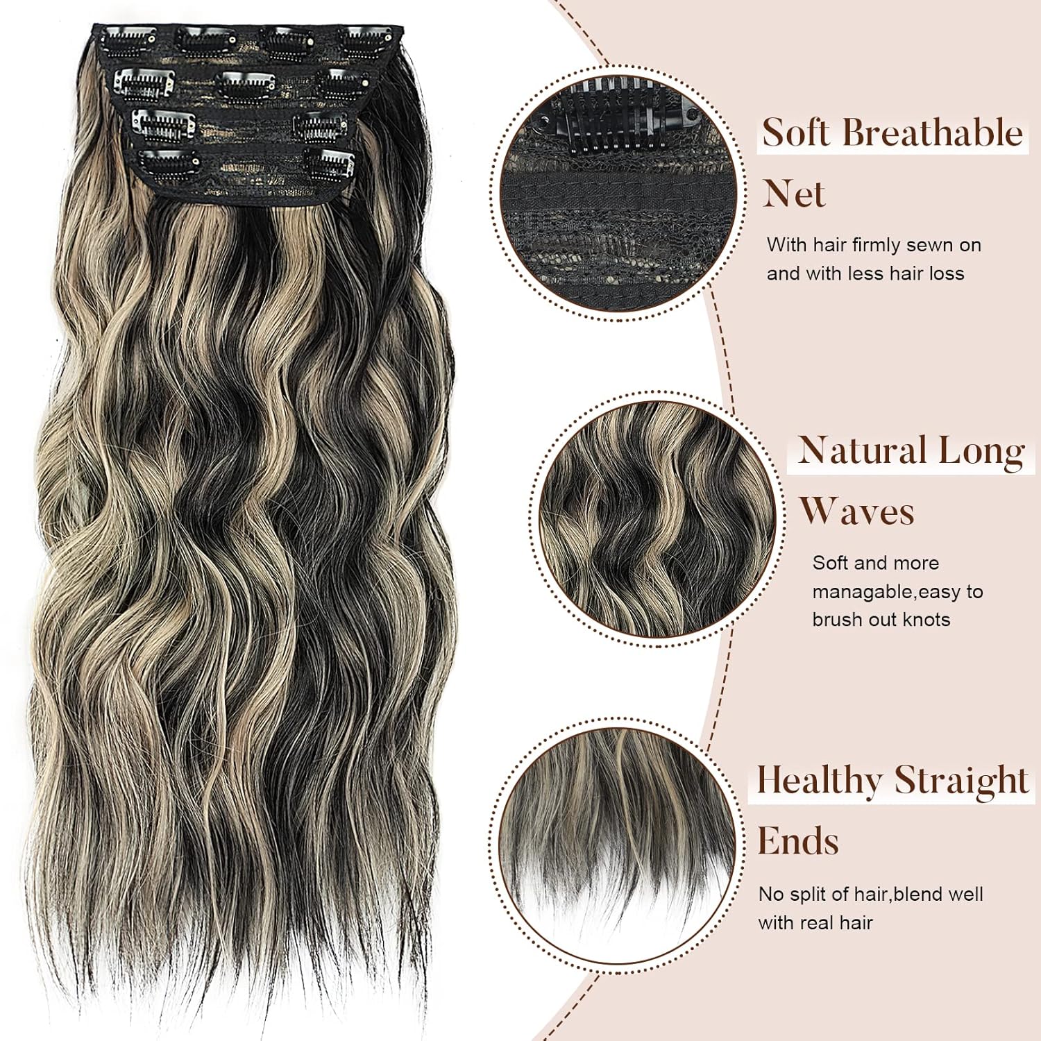 Vigorous Extensiones de cabello sintético con pinzas, 4 unidades, extensiones de cabello sintético largo ondulado con mezcla de rubio negro para
