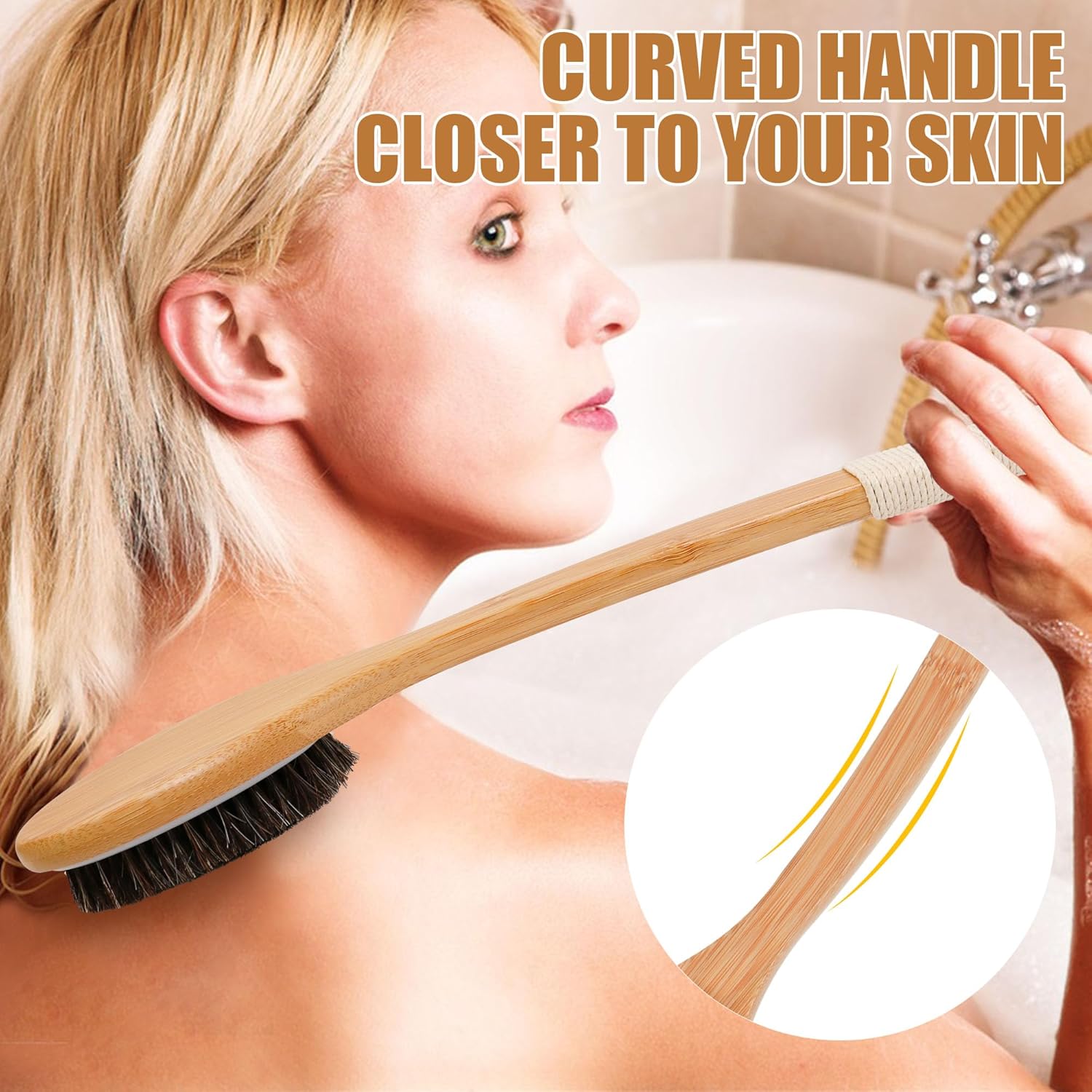 OWIIZI Cepillo de baño de crin de bambú, curvado, mango largo, antideslizante, cepillo corporal para exfoliación, limpiador de ducha de melena