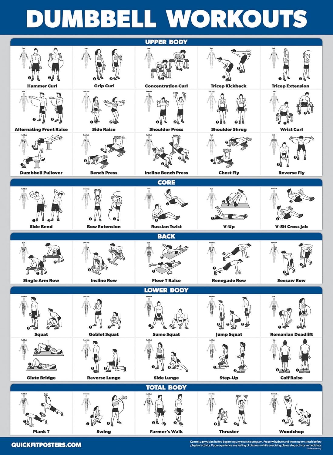 Paquete de 4 pósteres de entrenamiento de máquina de cable volumen 1 y 2 + ejercicios con mancuernas + ejercicios con mancuernas (laminados, 18 x 24
