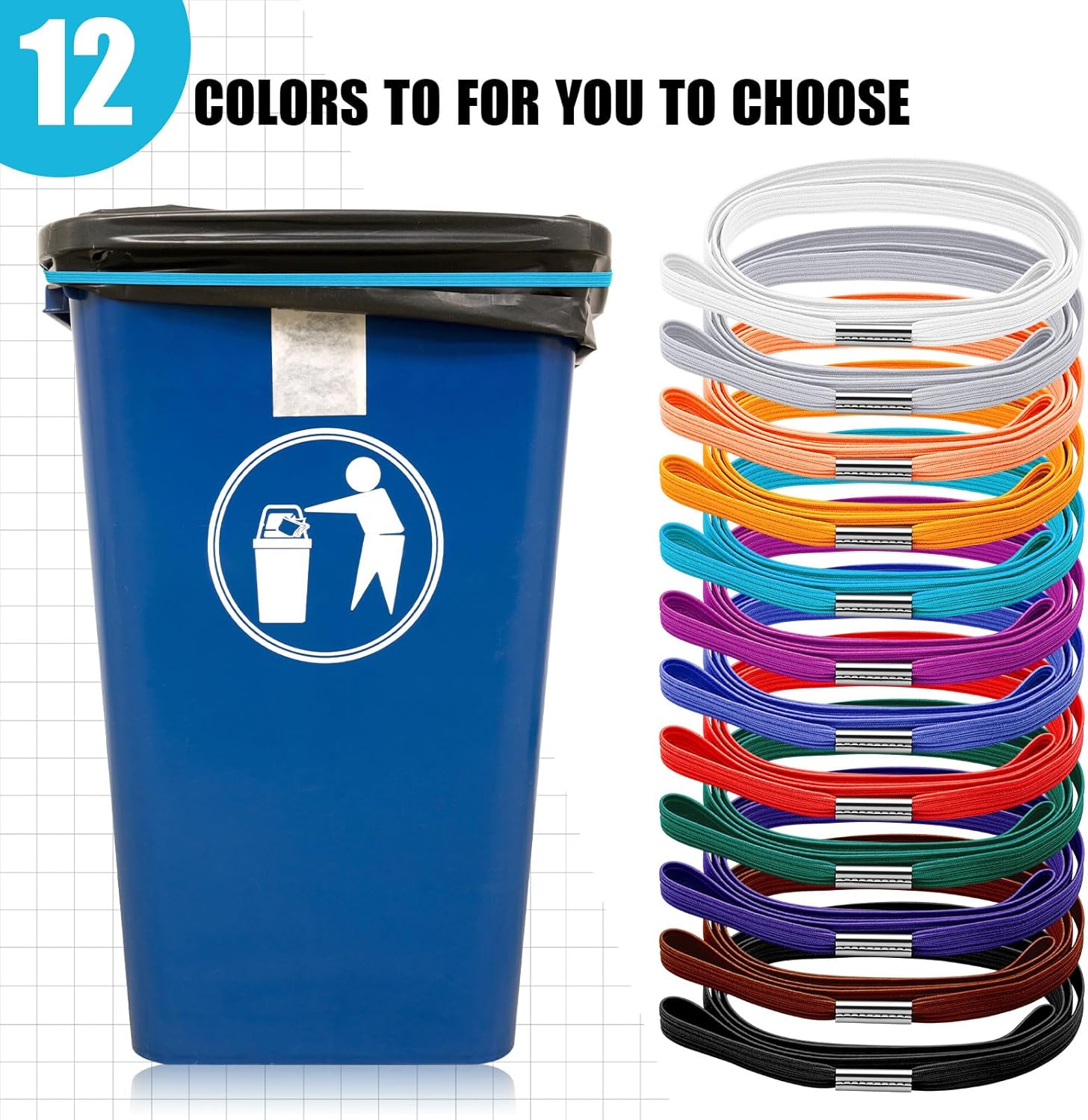 Riakrum 12 bandas de basura de 3.28 pies que se adaptan a botes de basura de 13 a 30 galones, bandas de basura coloridas para bolsas de basura en