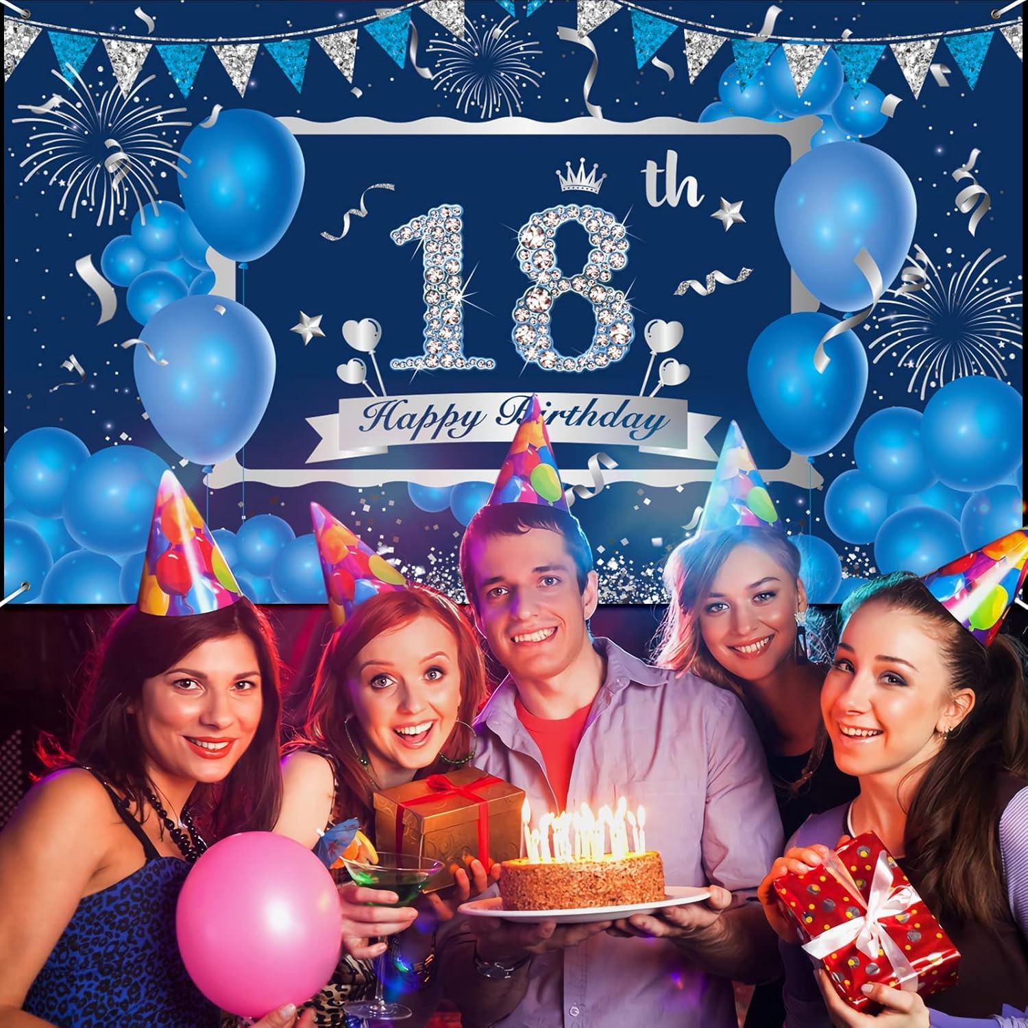 Cartel azul de decoración de cumpleaños número 18 para niños y niñas, telón de fondo azul marino y plateado de feliz cumpleaños 18, suministros de