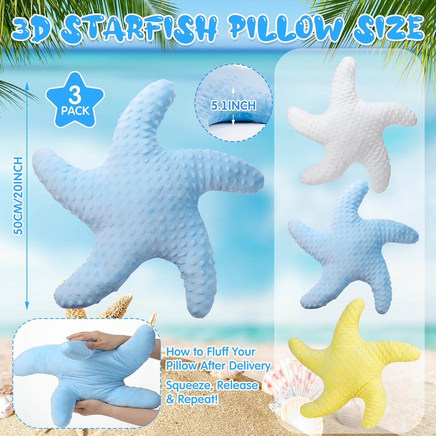 Almohada de estrella de mar de playa con estrellas de mar de 20 pulgadas, diseño de estrella de mar, animal de peluche lindo de felpa para