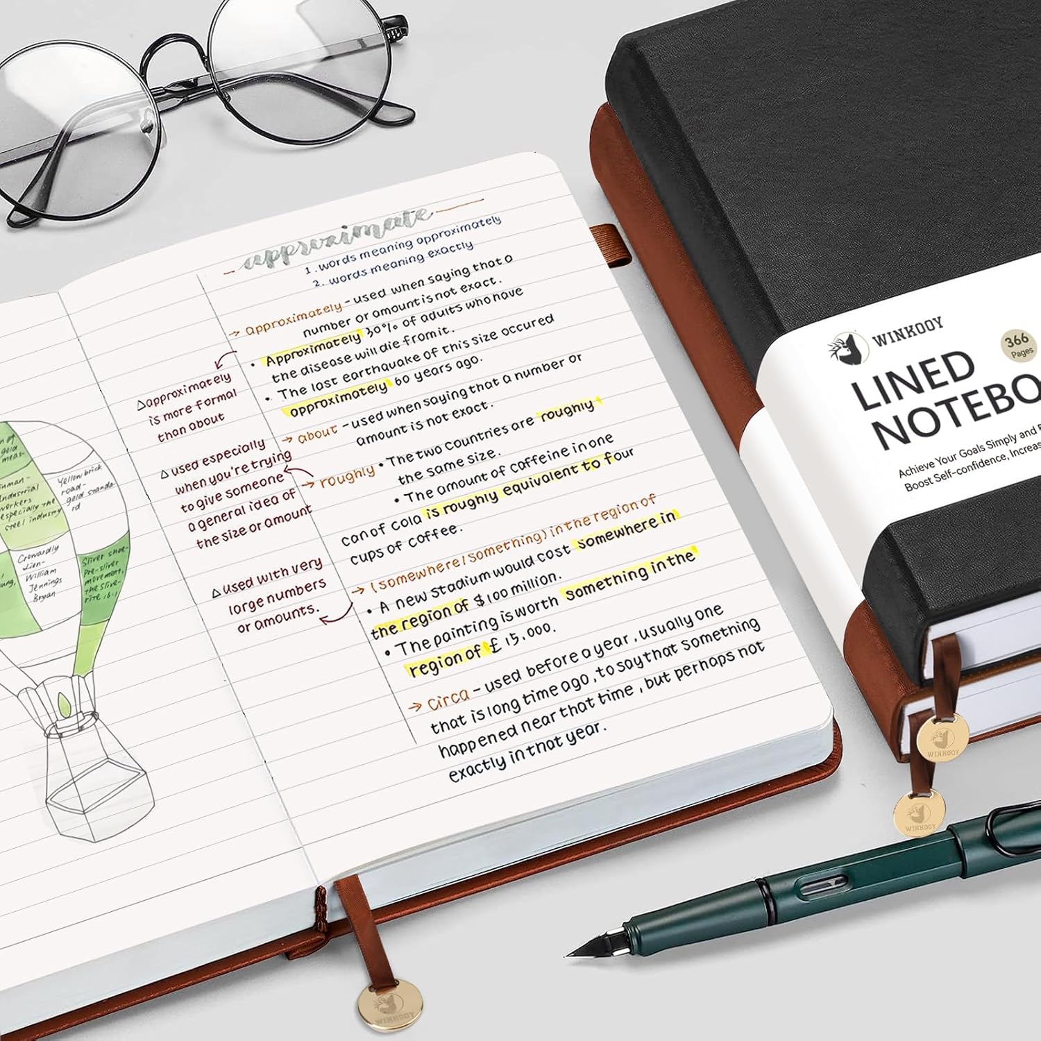 Cuaderno de diario rayado, 366 páginas, diarios de tapa dura de cuero para escribir grueso A5, cuaderno clásico con rayas universitarias con lazo