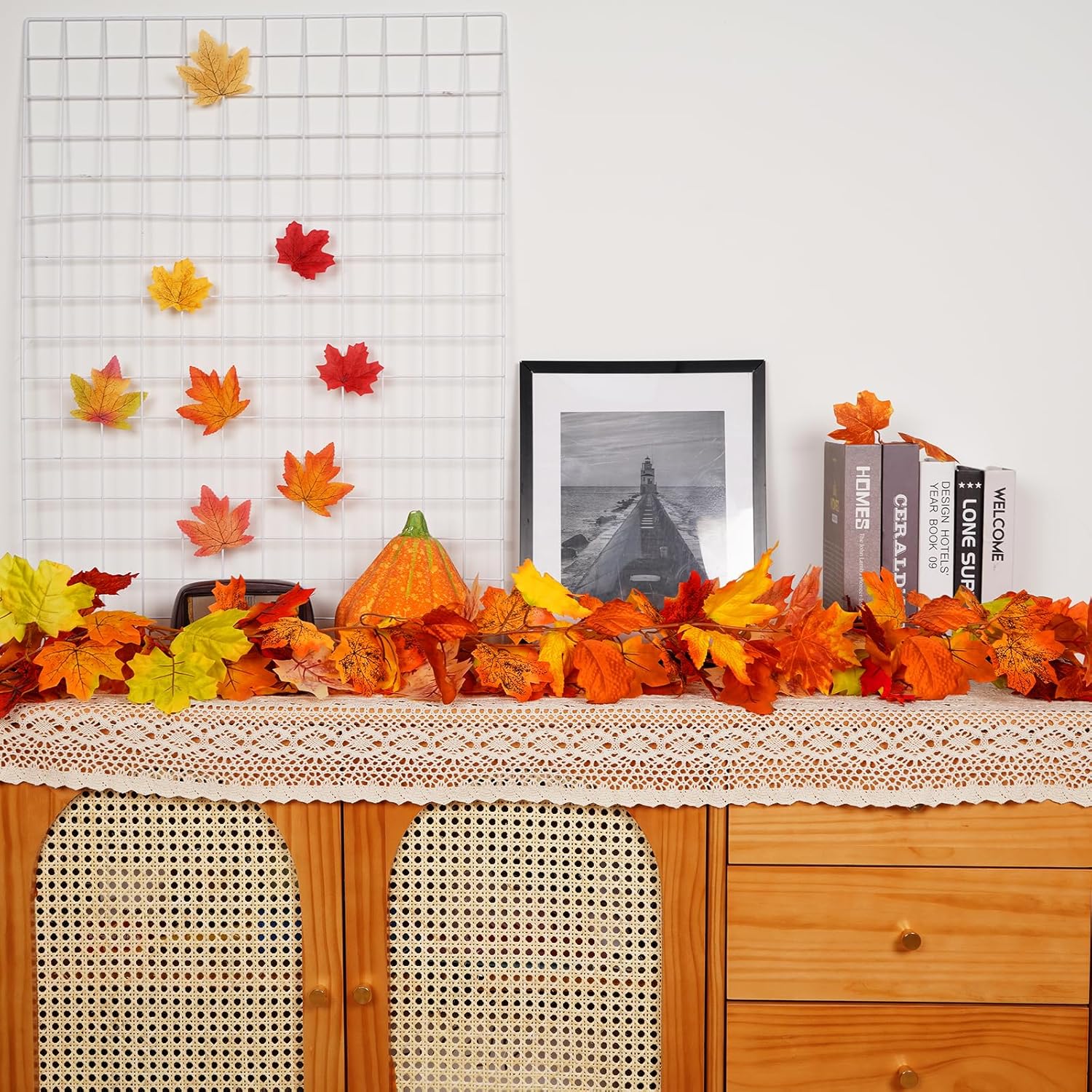 Dolicer Guirnalda de otoño con luces, 2 guirnaldas de hojas de otoño de 11.9 pies, guirnalda de otoño para manto, guirnalda de hojas de arce para el