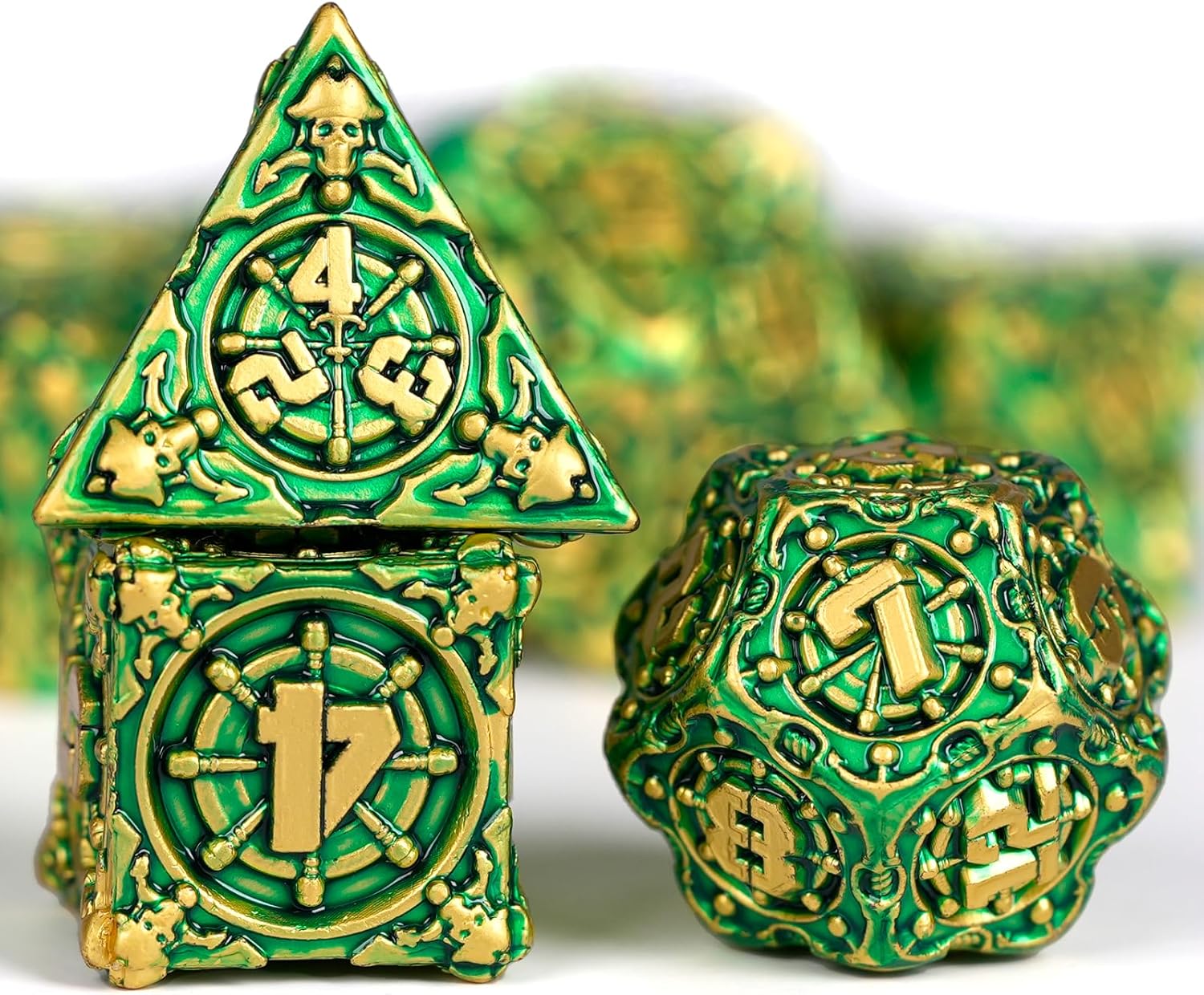 GU BEI TE Metal DND Dice Set with Box, Colorful DND Pirate Dice 7-Piece for RPG D&D Dungeons and Dragons GiftsGold Green
