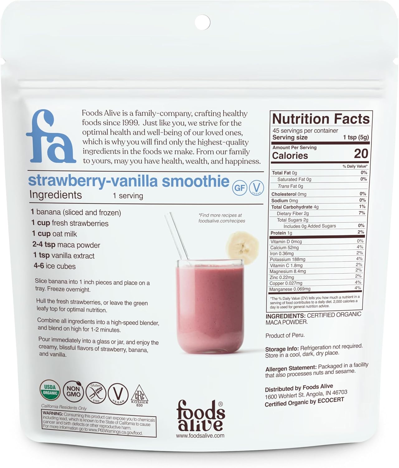 Foods Alive Maca Powder RAW  8 oz