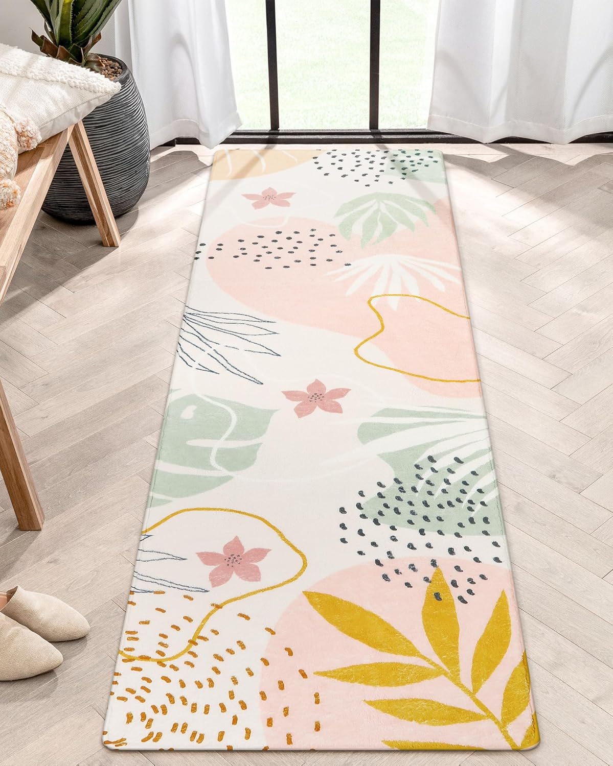 Lahome Alfombra de pasillo rosa de 2 x 7 pies, antideslizante, lavable, alfombra de baño, ligera, antideslizante, con estampado botánico, para