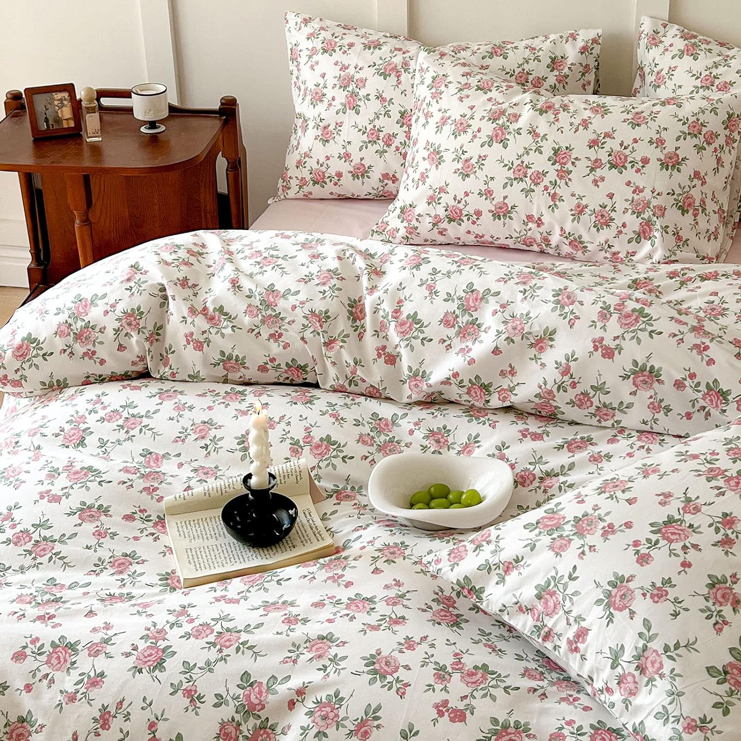EAVD Juego de funda de edredón floral rosa, tamaño individual, suave, 100% algodón, juego de ropa de cama floral de jardín con 2 fundas de almohada,