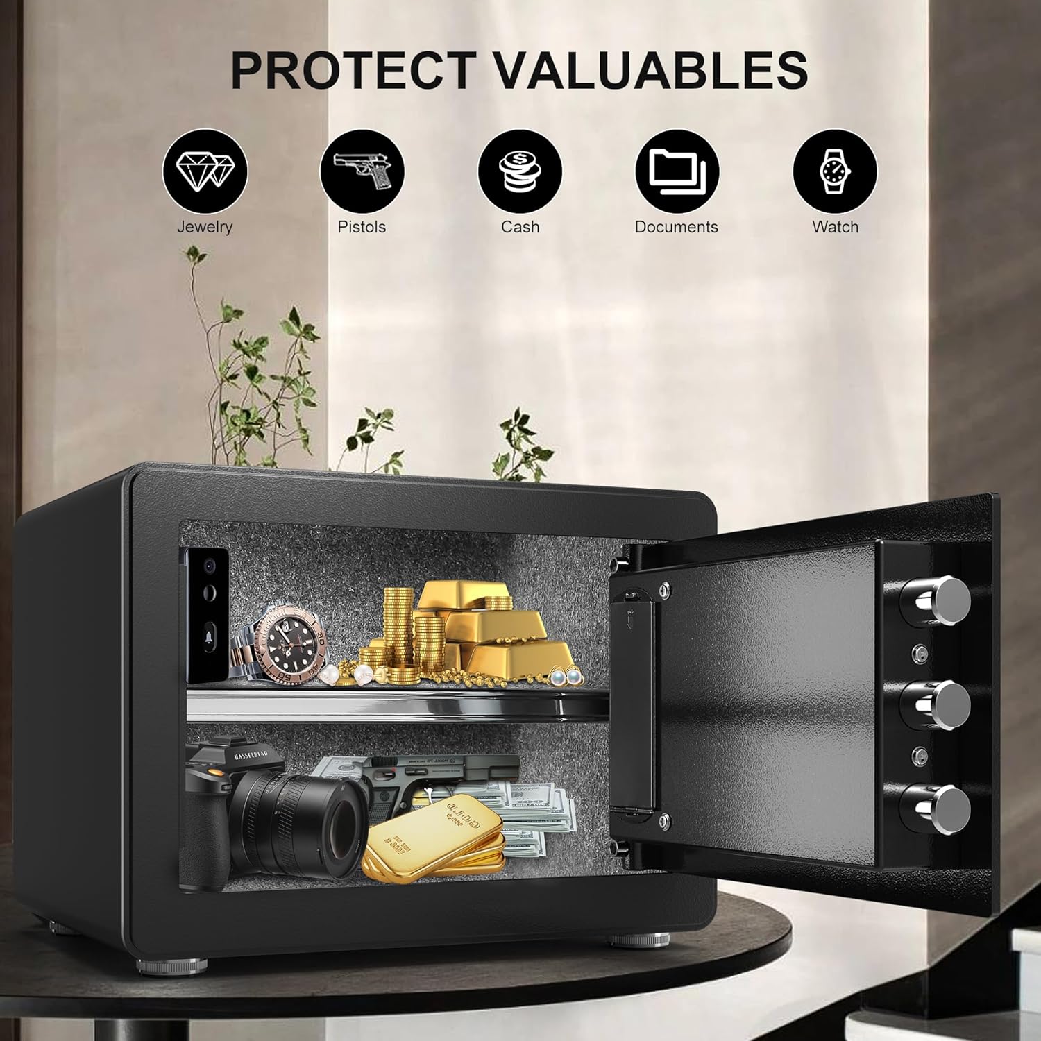Caja de seguridad pequeña, caja fuerte de 0.8 pies cúbicos con teclado de seguridad digital y luz sensor, caja fuerte para dinero en efectivo,