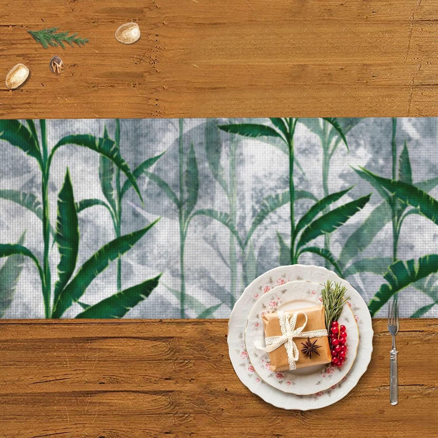 Camino de mesa de Navidad con pasto de acuarela, decoración de mesa de comedor, decoración de Navidad, decoración de interiores del hogar, caminos