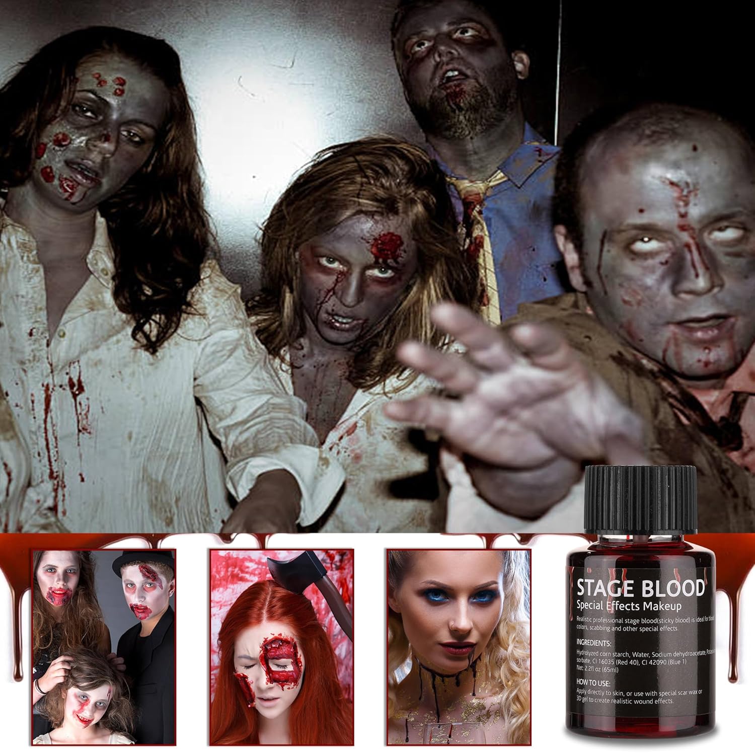 Sangre falsa de escenario, 2.2 oz de sangre falsa comestible efecto realista, maquillaje de sangre pegajosa para ojos, goteos, dientes, boca, nariz,
