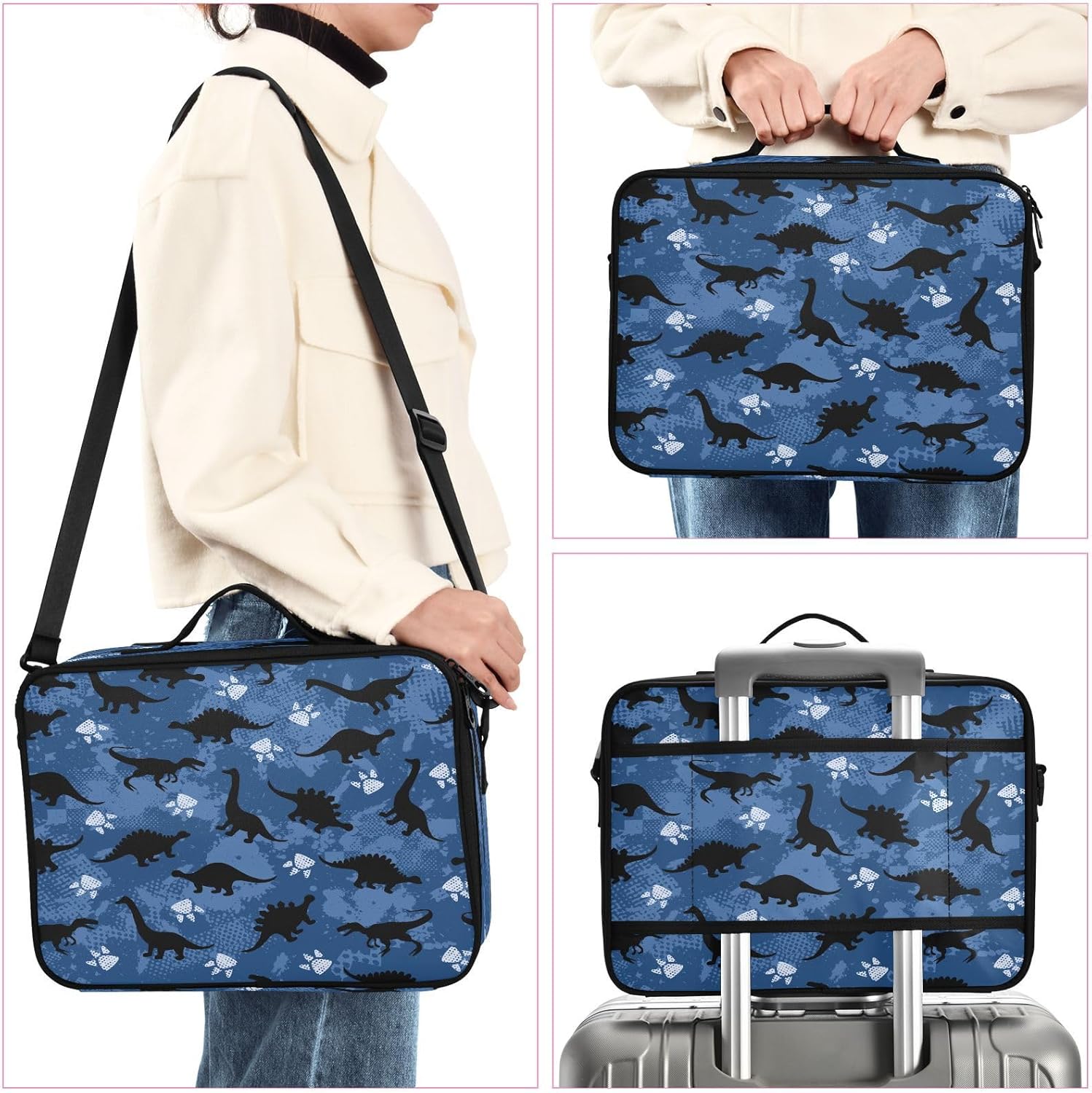 Dinosaurio azul lindo dibujos animados cosméticos bolsas de viaje para mujeres aseo bolsa de viaje bolsa de maquillaje organizador bolsa de