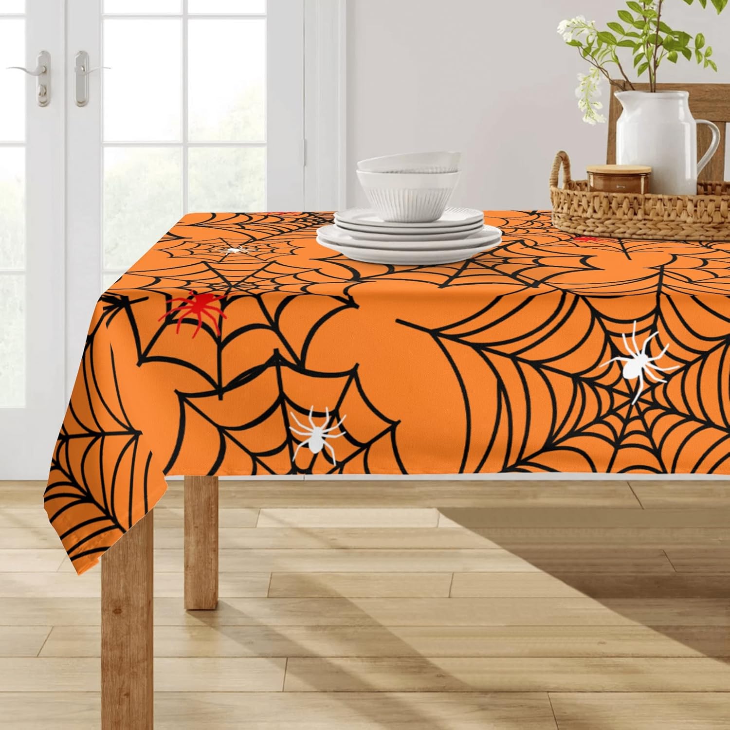 Rectangle Halloween Tablecloth 60 X 84 inch Spider Web Orange Table Cloth Waterproof Holiday Table Decorations for Party Home Kitchen Dining