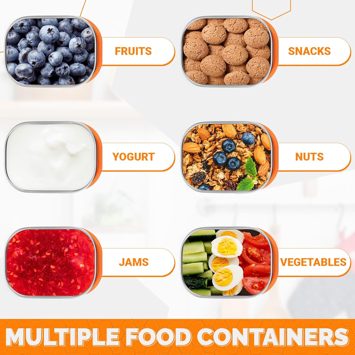 6 recipientes de acero inoxidable para niños, recipientes de alimentos de 8 onzas con tapas de silicona, lonchera de metal portátil reutilizable