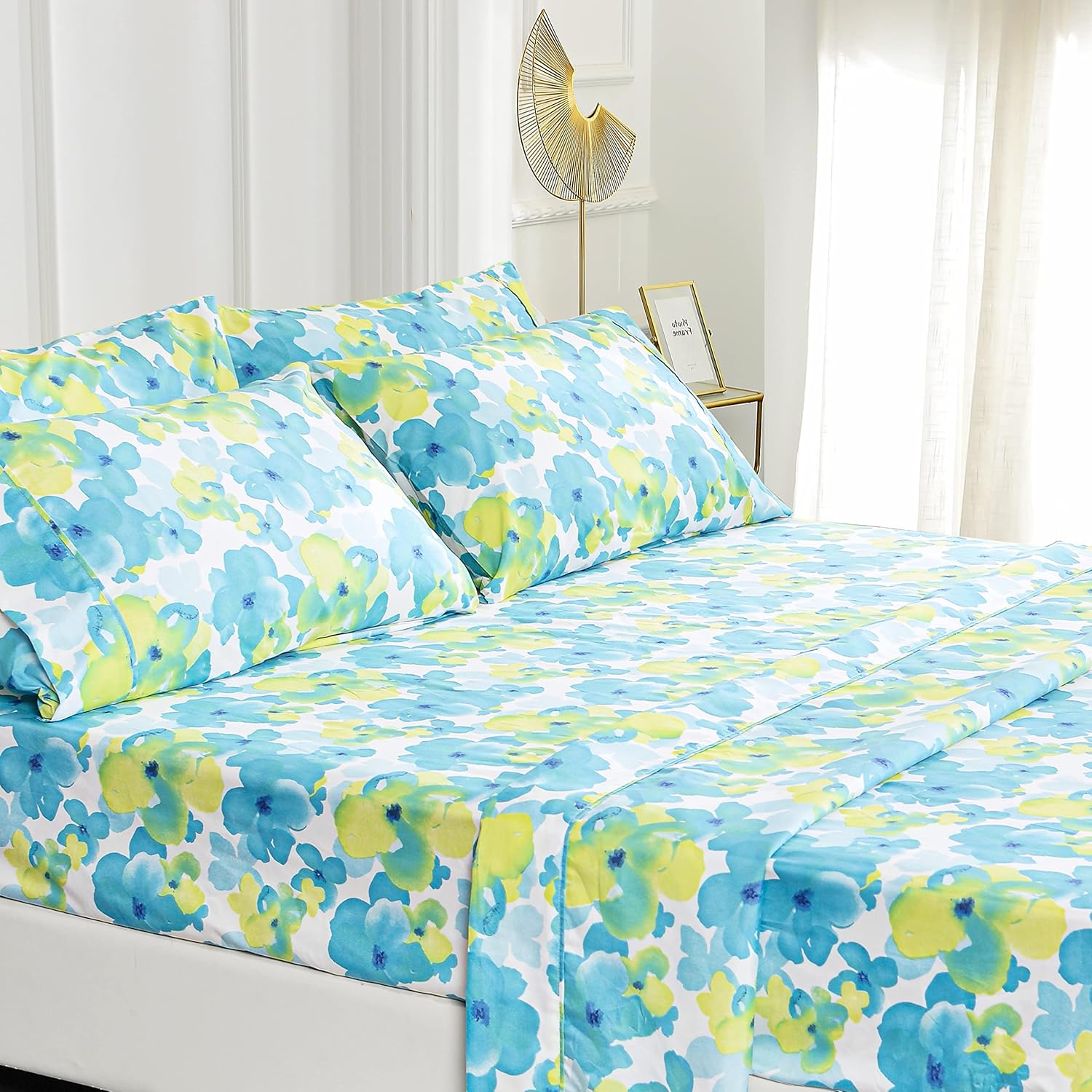 American Home Collection Juego de sábanas y fundas de almohada estampadas de 6 piezas de microfibra cepillada, sin arrugas, 14 pulgadas de