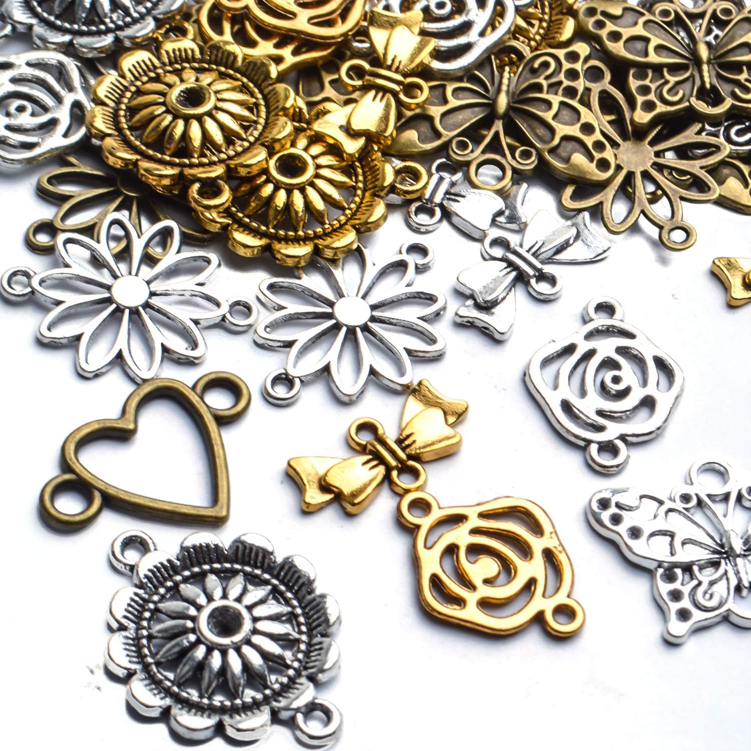 60 piezas de suministros de manualidades con forma de corazón y flores, dijes de eslabones con 2 agujeros para pulseras y joyería, 6 estilos, Plata,