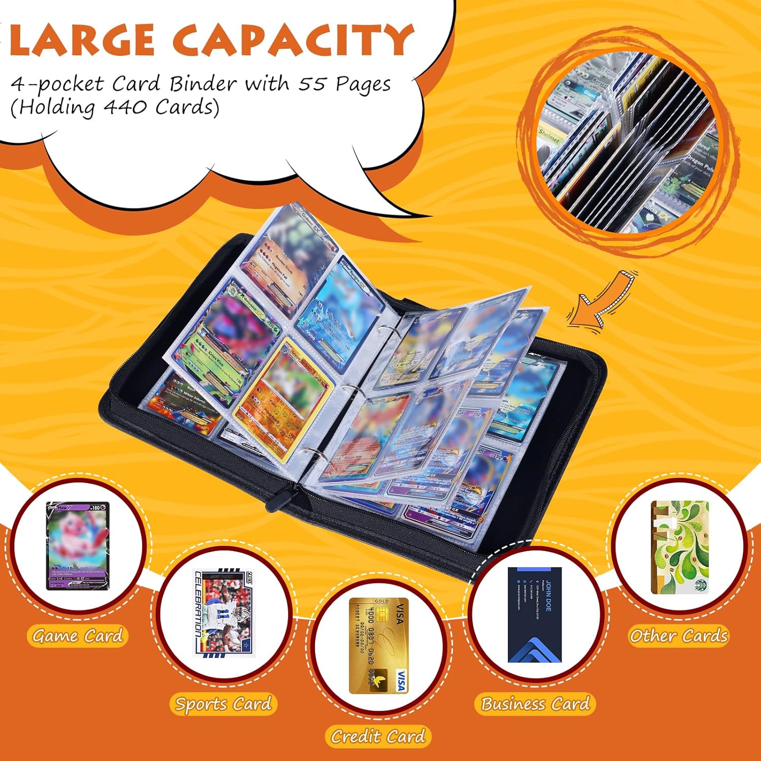 Carpeta de tarjetas para tarjetas intercambiables, álbum Yegyalm de 4 bolsillos que incluye 440 bolsillos con 55 fundas extraíbles, impermeable y