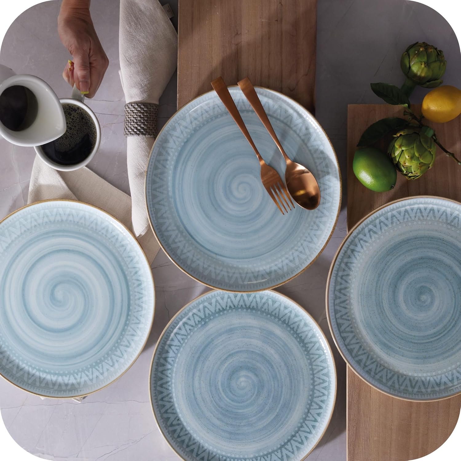 Corona – Juego de 4 platos llanos de cerámica, aptos para microondas y lavavajillas, vajilla rústica moderna, para servir la cocina, pintados a