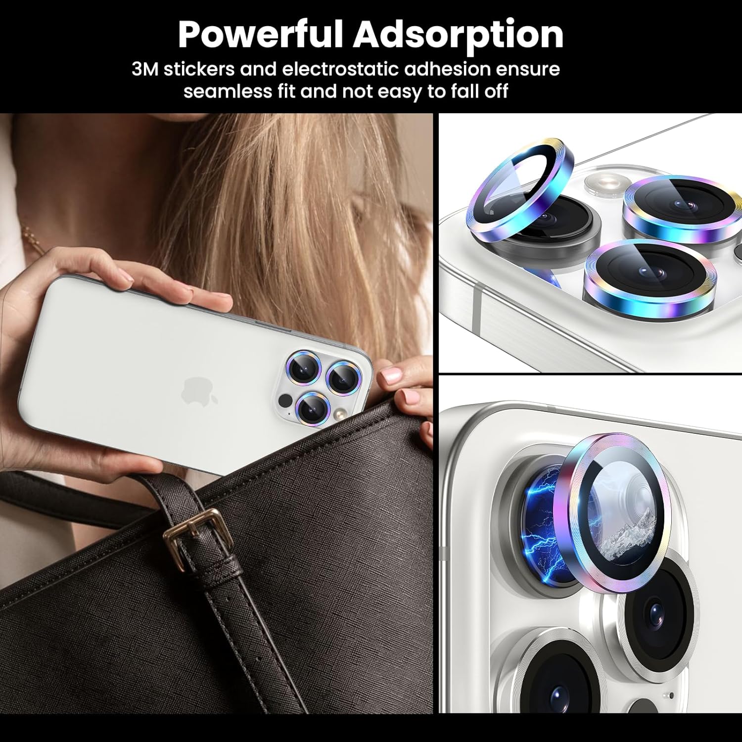 Tensea Protector de lente de cámara para iPhone 15 ProiPhone 15 Pro Max, protector de pantalla de vidrio templado 9H, anillo individual de metal