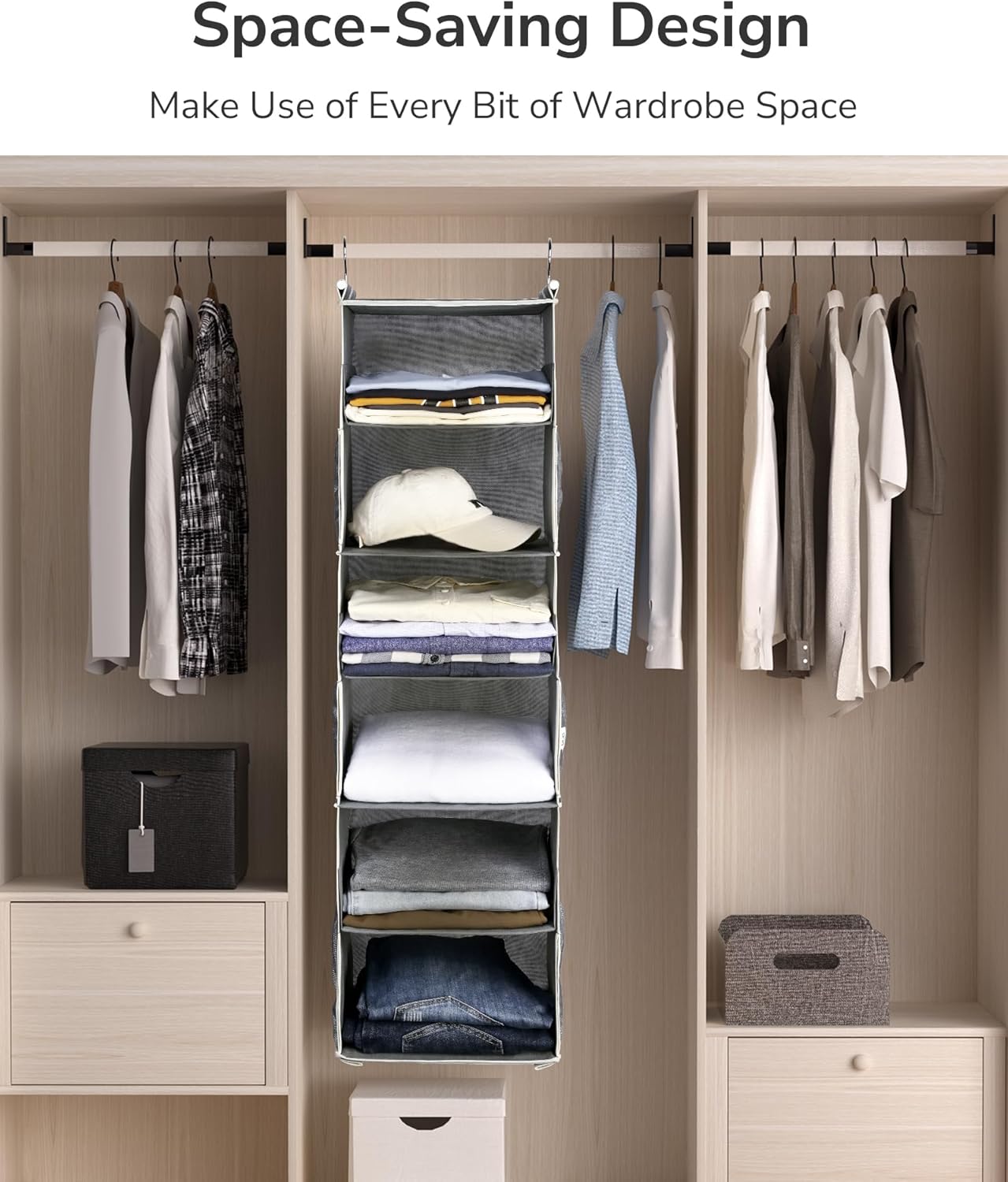 ULG 1 organizador colgante de armario, 3 en 1 a 6 en 1, estantes colgantes reversibles con 6 bolsillos laterales para almacenamiento de ropa,