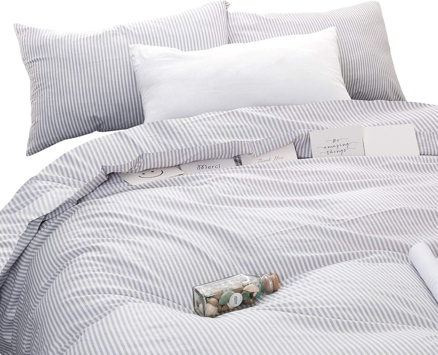 Wake In Cloud – Juego de edredón gris y blanco Cal King, juego de ropa de cama ligero de algodón de 3 piezas para hombres y mujeres, diseño de rayas