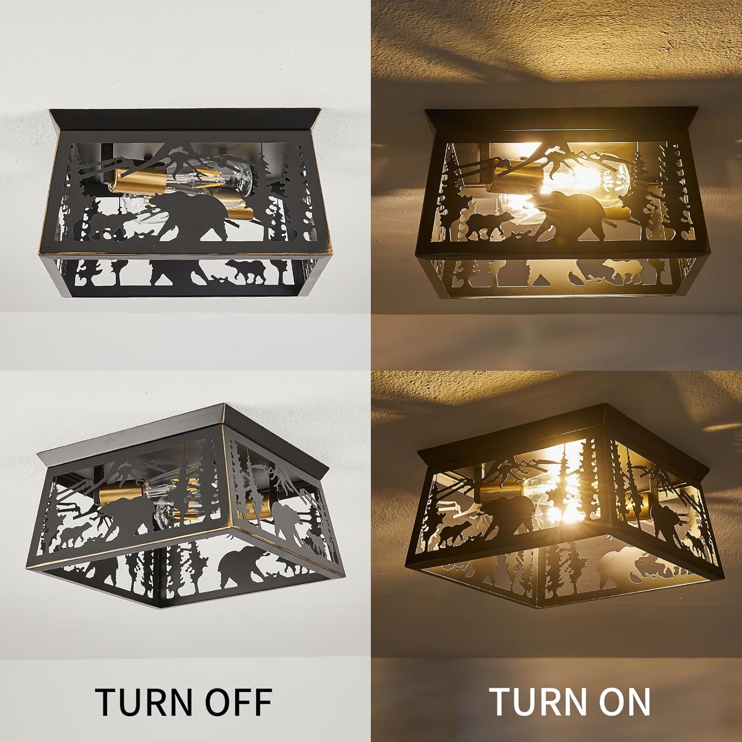 Feohak Lámpara rústica, lámpara de techo empotrada de 2 luces, con diseño de oso de metal, para exteriores, cabaña de troncos, para pasillo, porche,