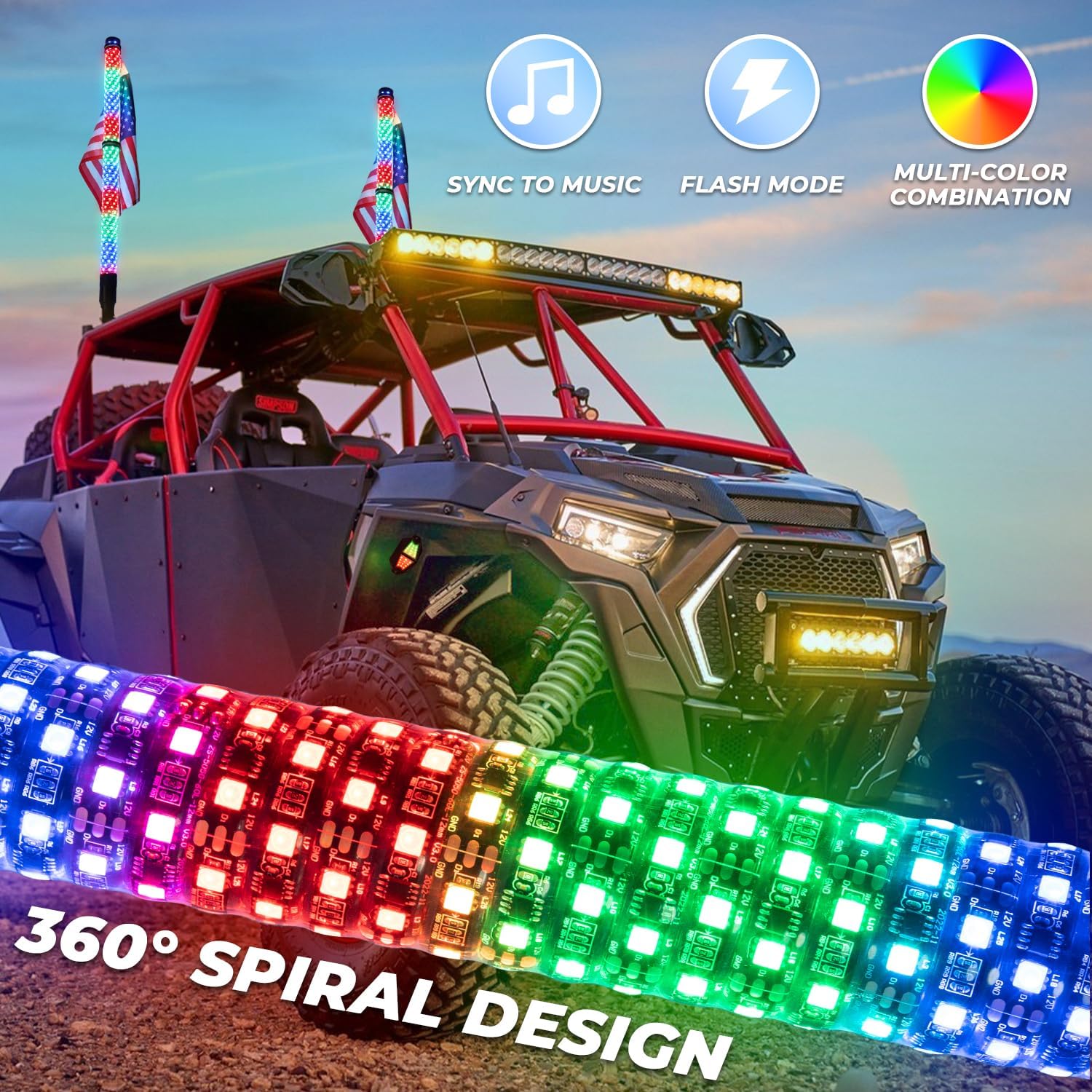 Kit de 2 luces de látigo gordo de 2 pies y 8 cápsulas RGB de luces de roca con Bluetooth y control remoto en espiral de 360  con antena iluminada LED