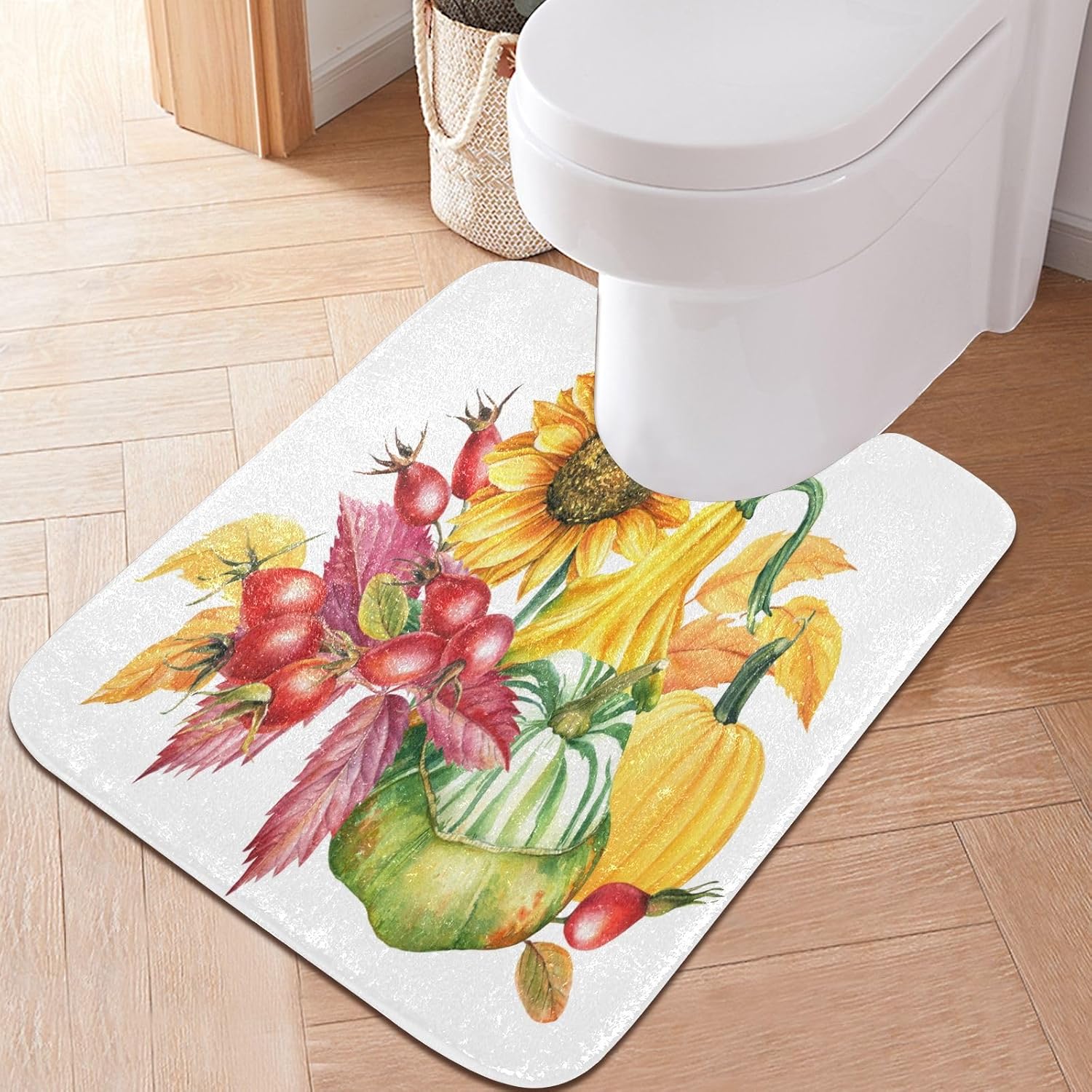Bathroom Rugs Sets 2 Piece 24×16+24×20 Inch,Soft U-Shaped Contour Toilet Rug Pumpkin Sunflowers Non-Slip Absorbent Bath Floor Mat Carpet Set Water