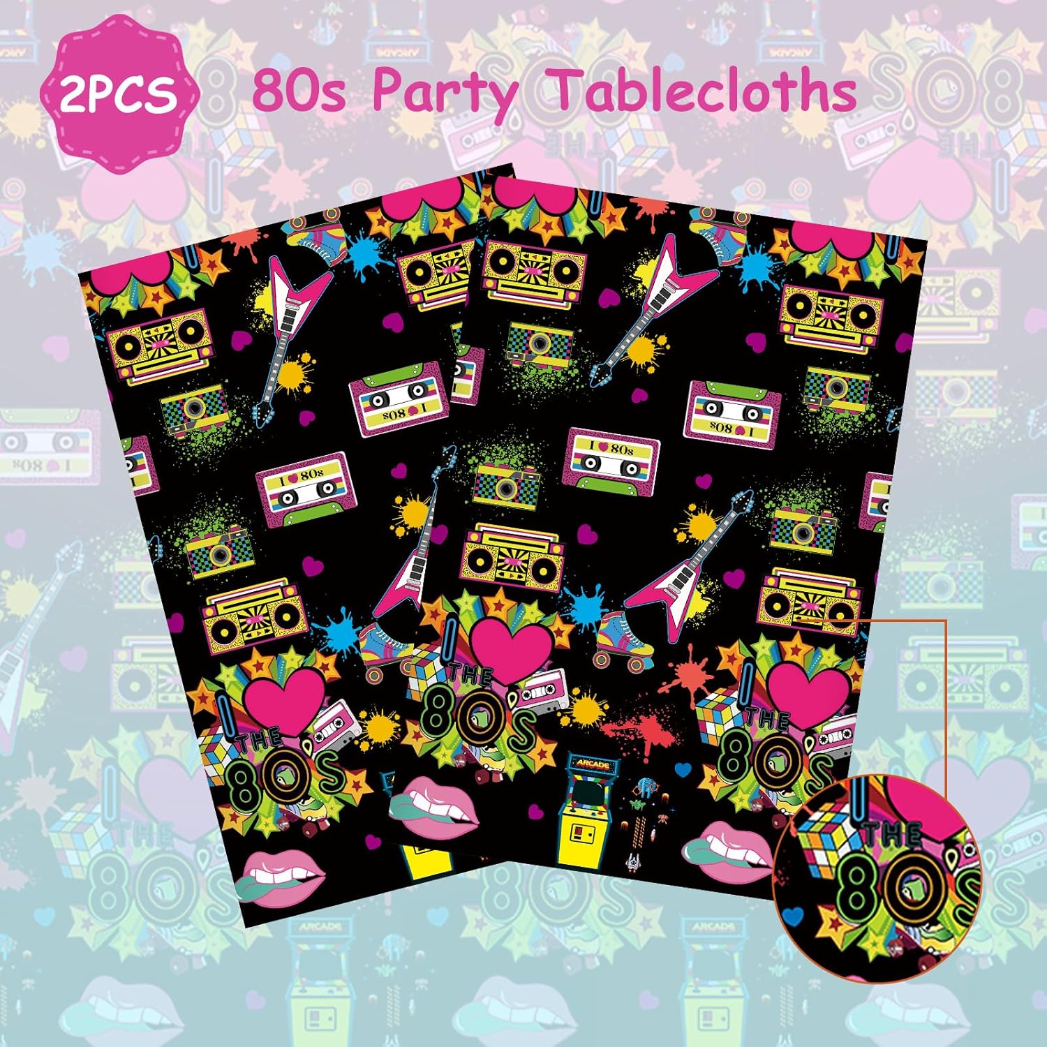 FunHot Manteles de los años 80, decoraciones de fiesta de los años 80, 2 piezas de 54 x 108 pulgadas, impermeables, rectangulares, color negro, para