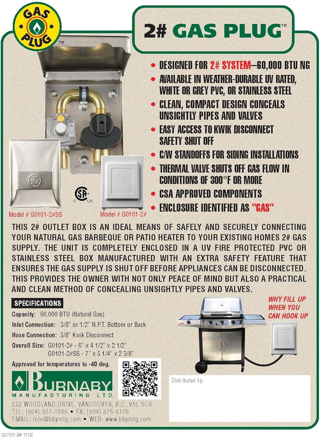Burnaby Manufacturing Ltd Enchufe de gas de PVC 2#, gris, 2 PSI, entrada NPT de 12″, salida de desconexión rápida de 38″