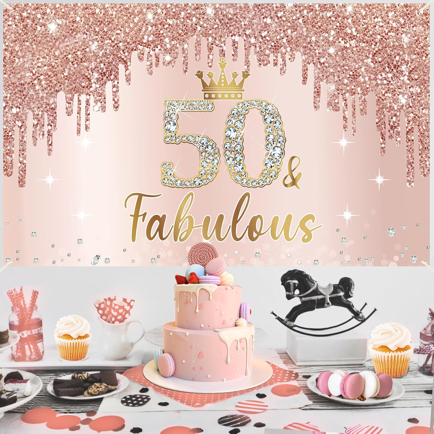 Cartel de 50 cumpleaños de oro rosa para mujer, decoración de fiesta de cumpleaños de 50 años para mujer, pancarta de oro rosa rosa con el número 50