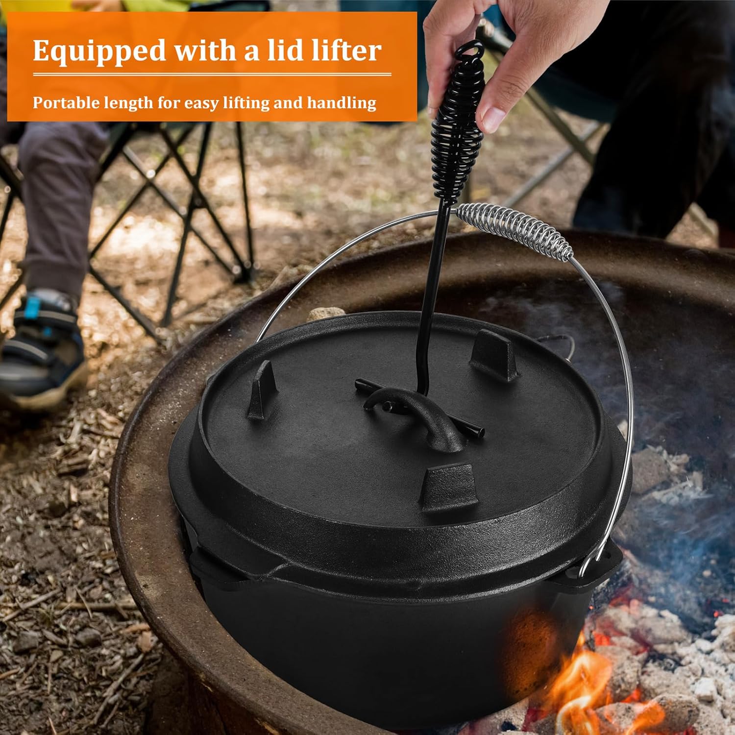Leonyo Horno holandés de hierro fundido con elevador de tapa, olla de horno holandés de 7 cuartos con tapa, juego de ollas y sartenes de campamento