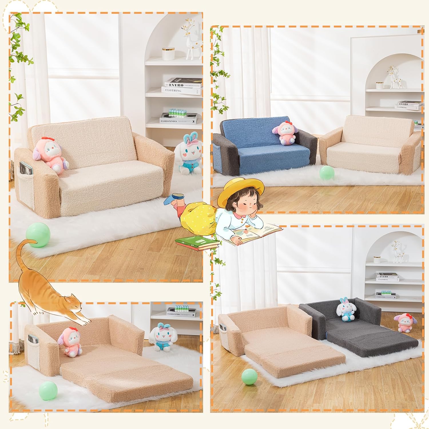 SUFUS Sofá para bebés y niños pequeños, extra ancho 2 en 1, sofá plegable de sherpa para sala de juegos, sofá convertible para niños y niñas con