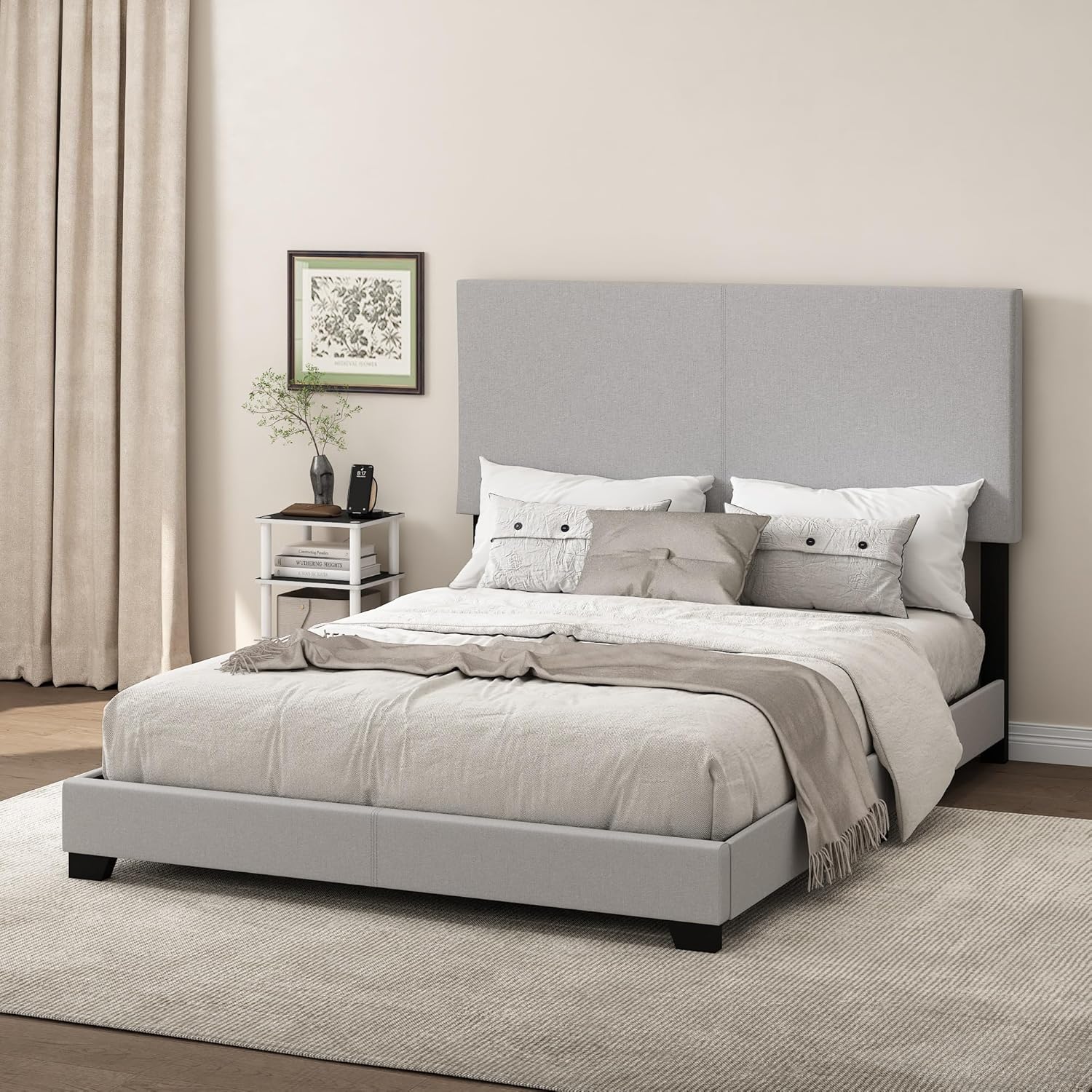 Furinno Pessac – Marco de cama tapizado de tela con soporte de listones de madera, tamaño Queen, glaciar