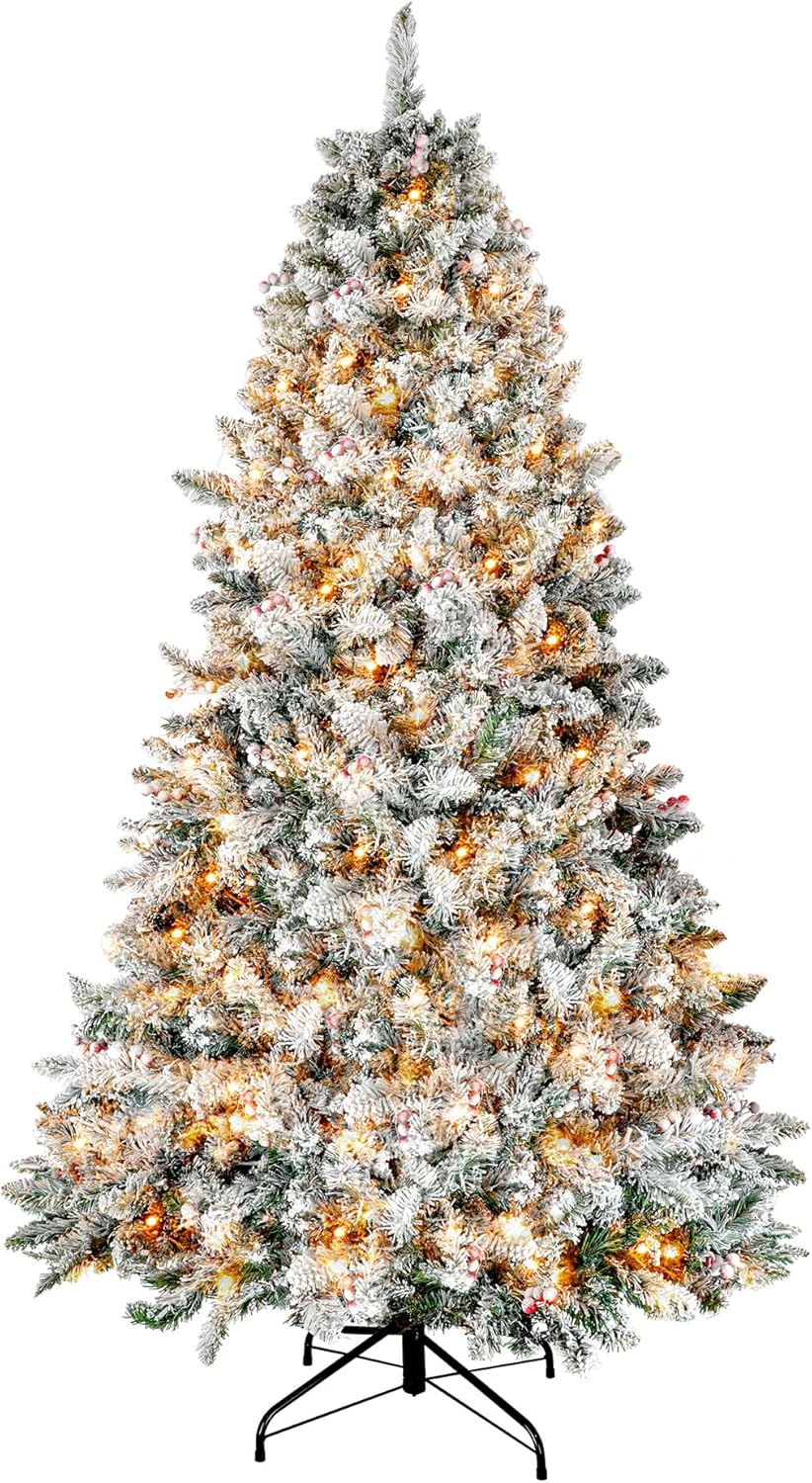 Árbol de Navidad preiluminado de 6.5 pies, árboles de Navidad artificiales con 400 luces blancas cálidas, 1100 puntas de rama, 58 bayas, decoración