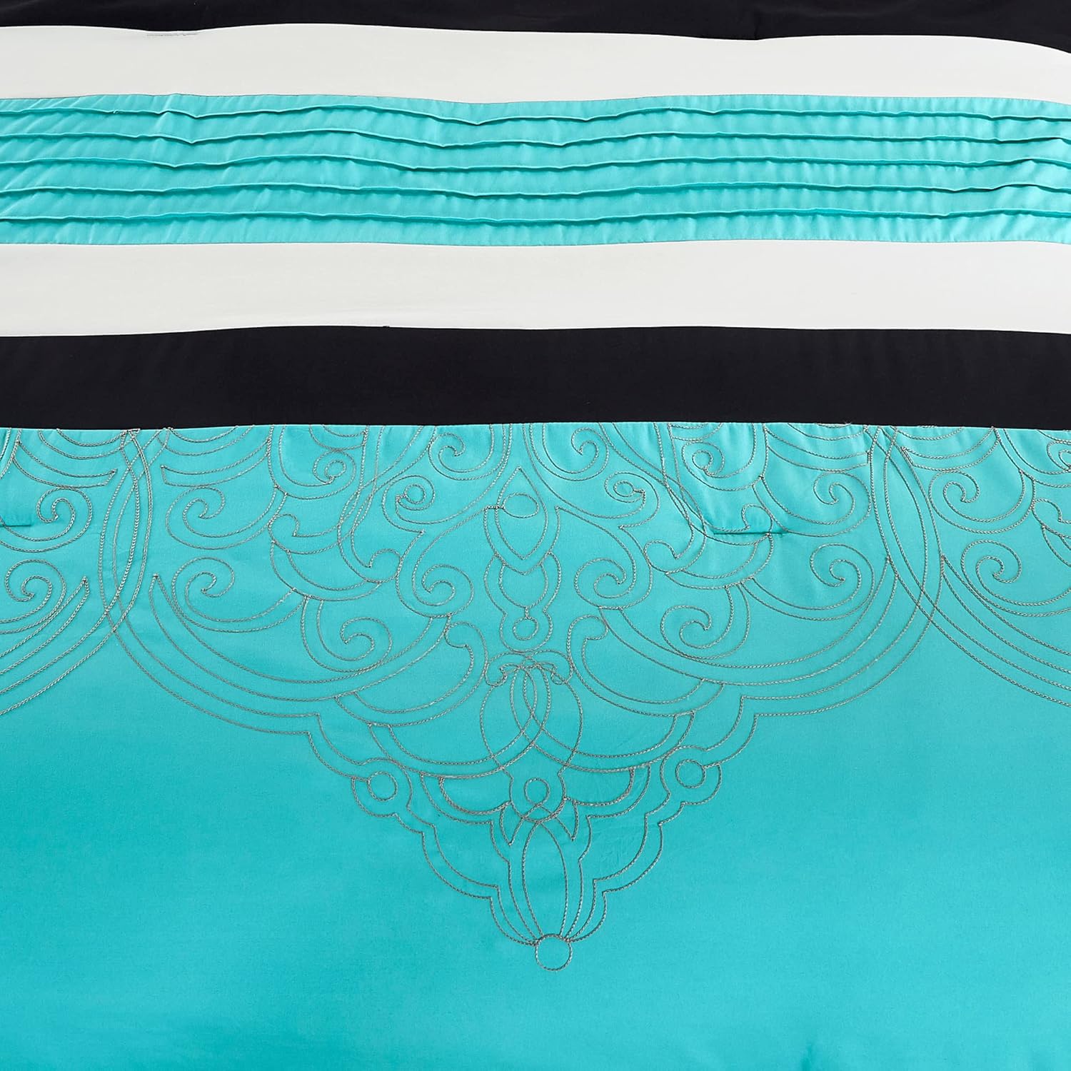 Chezmoi Collection Chloe – Juego de edredón de 7 piezas, diseño geométrico de medallón, plisado, a rayas, color verde azulado, gris, negro, tamaño