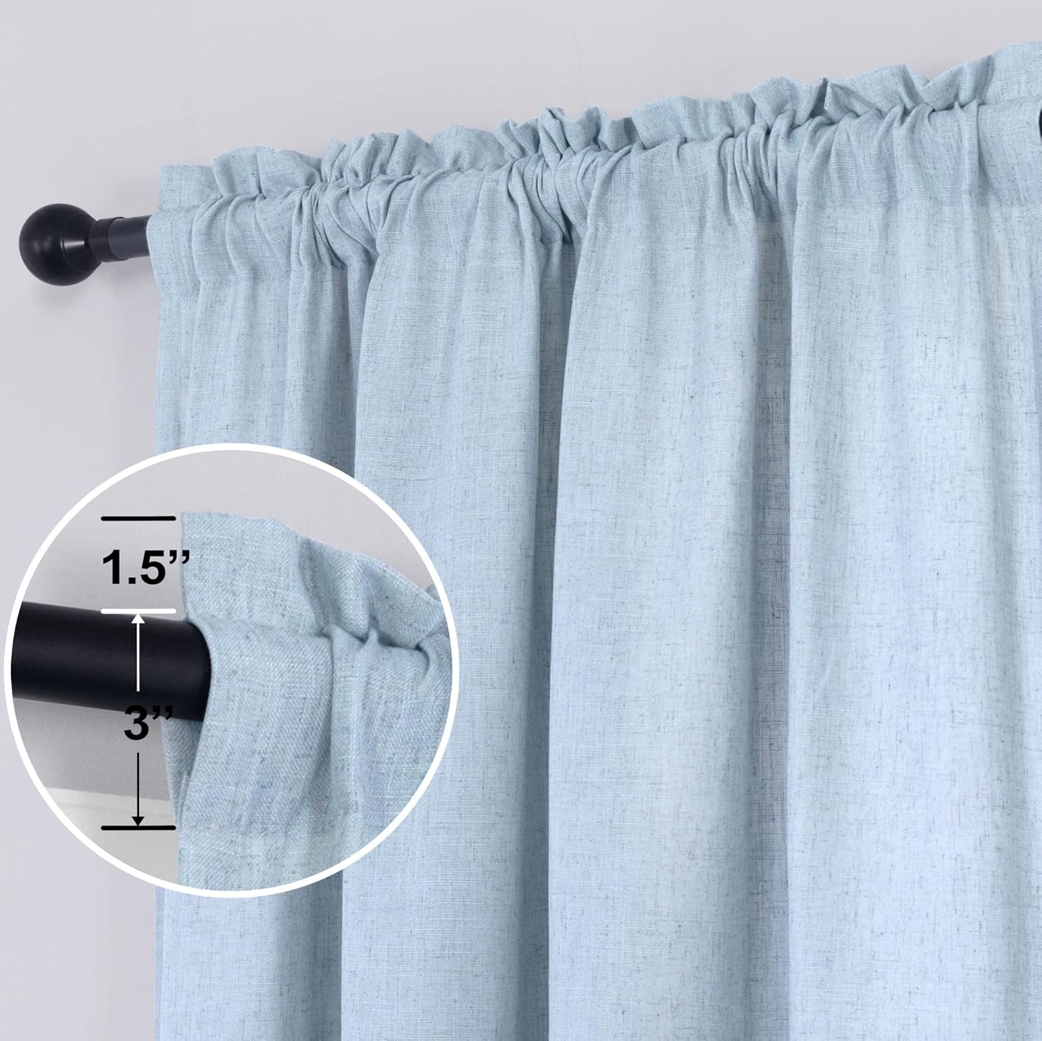 Cortinas de lino azul claro de 63 pulgadas de largo para dormitorio de niños pequeños, adolescentes y niñas, juego de 2 paneles de decoración