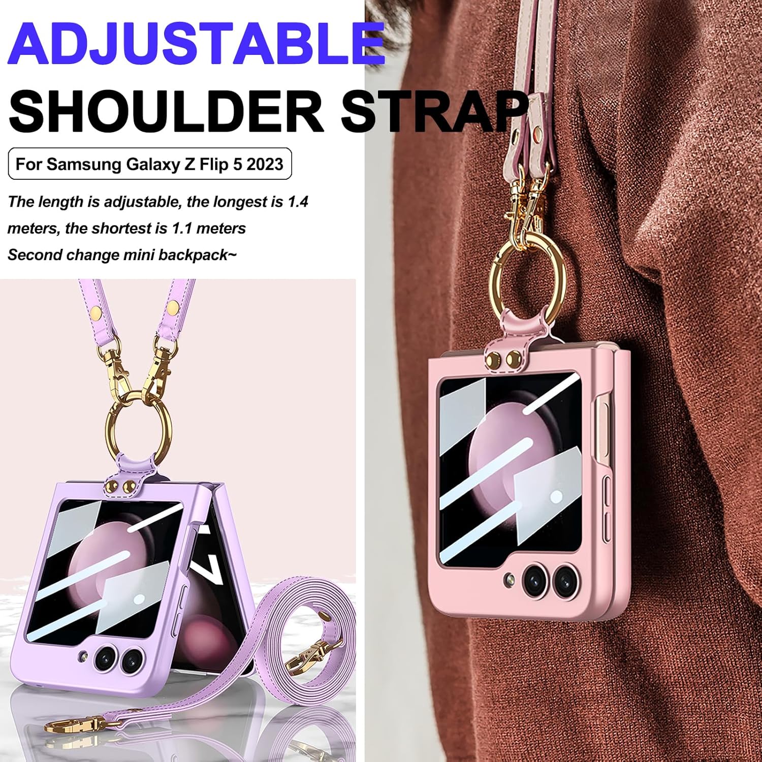 Miimall Funda compatible con Samsung Galaxy Z Flip 5 con correa para mujeres y niñas, película de pantalla pequeña integrada, soporte de anillo de