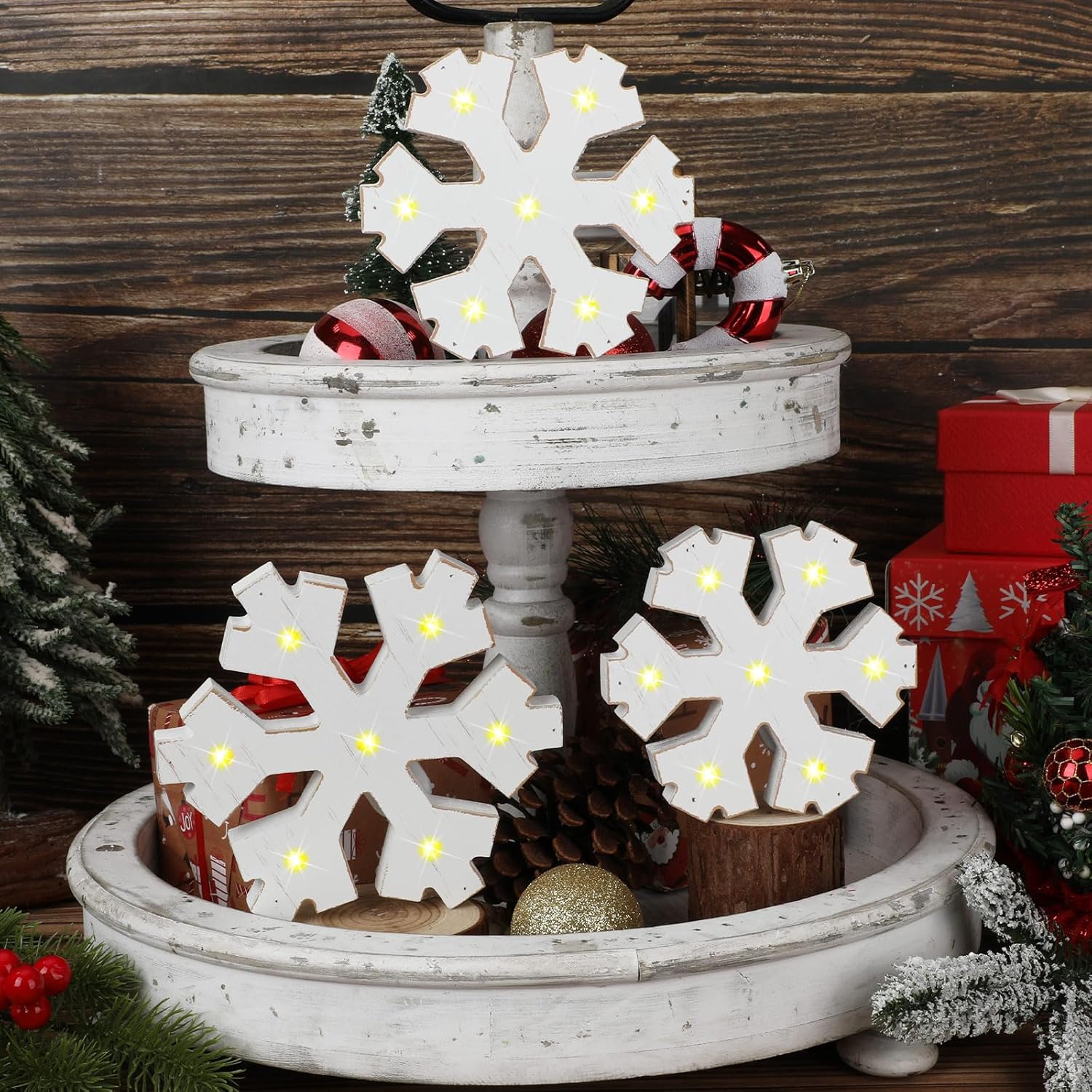 3 piezas de decoración de copo de nieve de madera para invierno, luz LED de copo de nieve, bloques de copo de nieve de Navidad, alimentados con