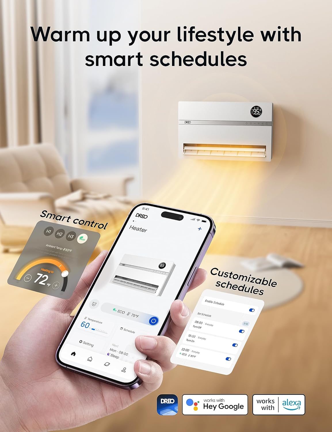 Dreo Calentador de pared inteligente, calentador eléctrico para dormitorio de 1500 W, oscilación vertical de 120, termostato ajustable, control