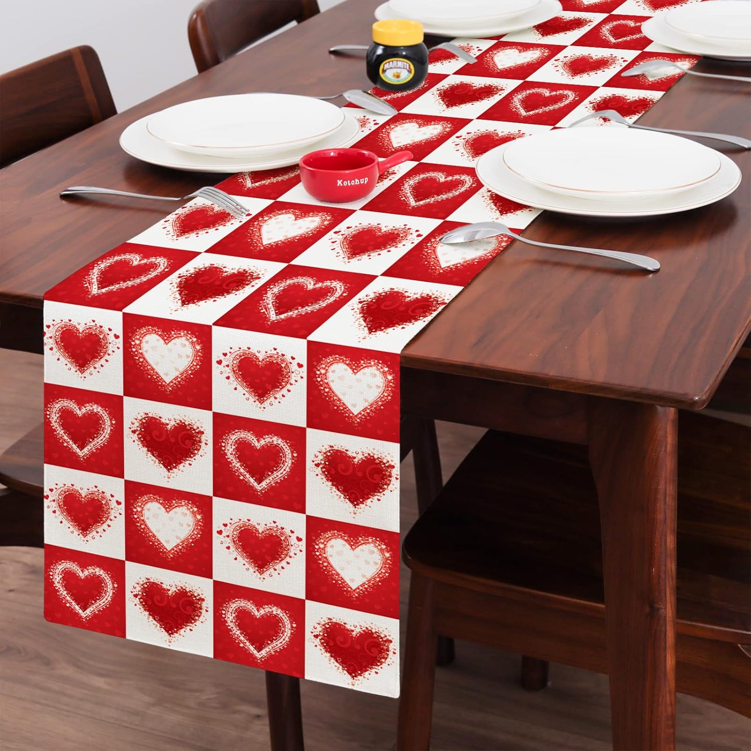 Camino de mesa para el día de San Valentín de 108 pulgadas de largo con corazón a cuadros para decoración de mesa de comedor para vacaciones, boda,