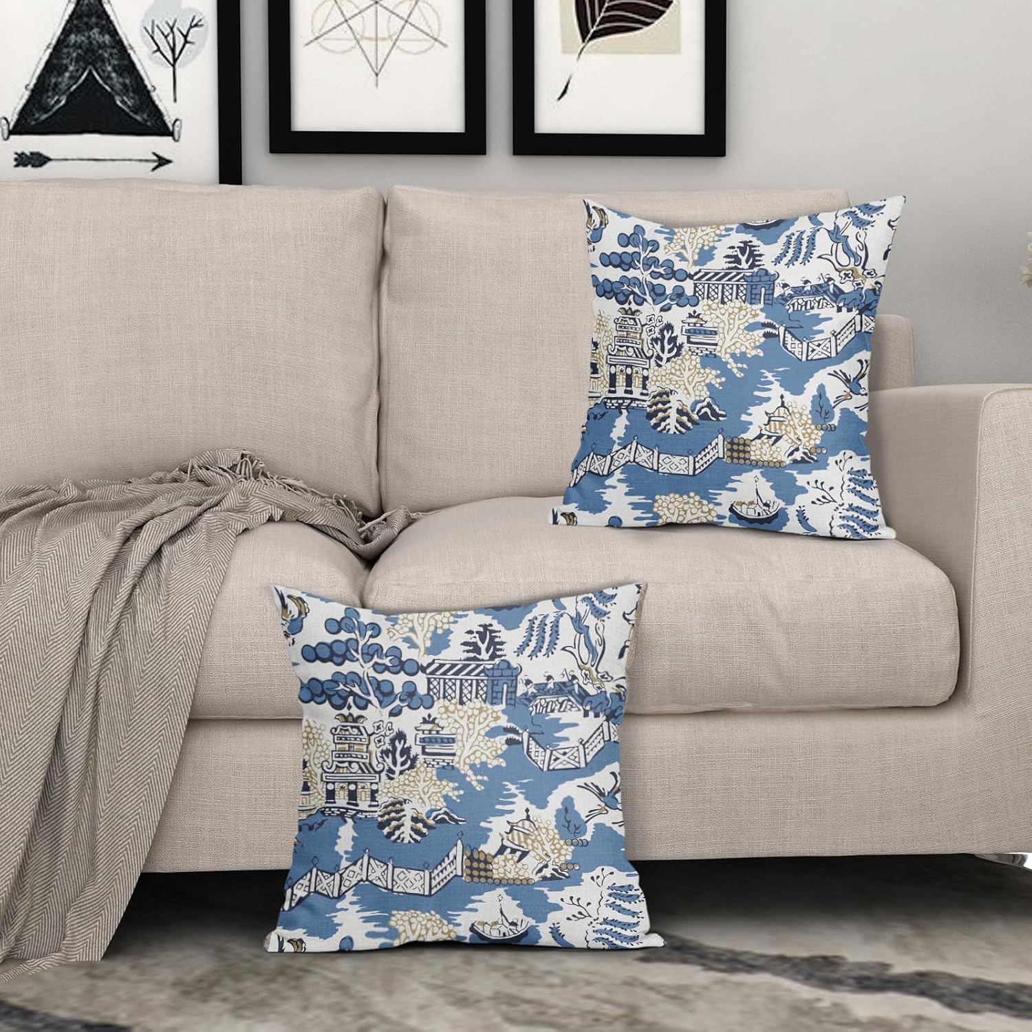 Granbey Chinoiserie – Juego de 2 fundas de almohada elegantes asiáticas escénicas de 18 x 18 pulgadas, pagoda azul marino y blanco, fundas de