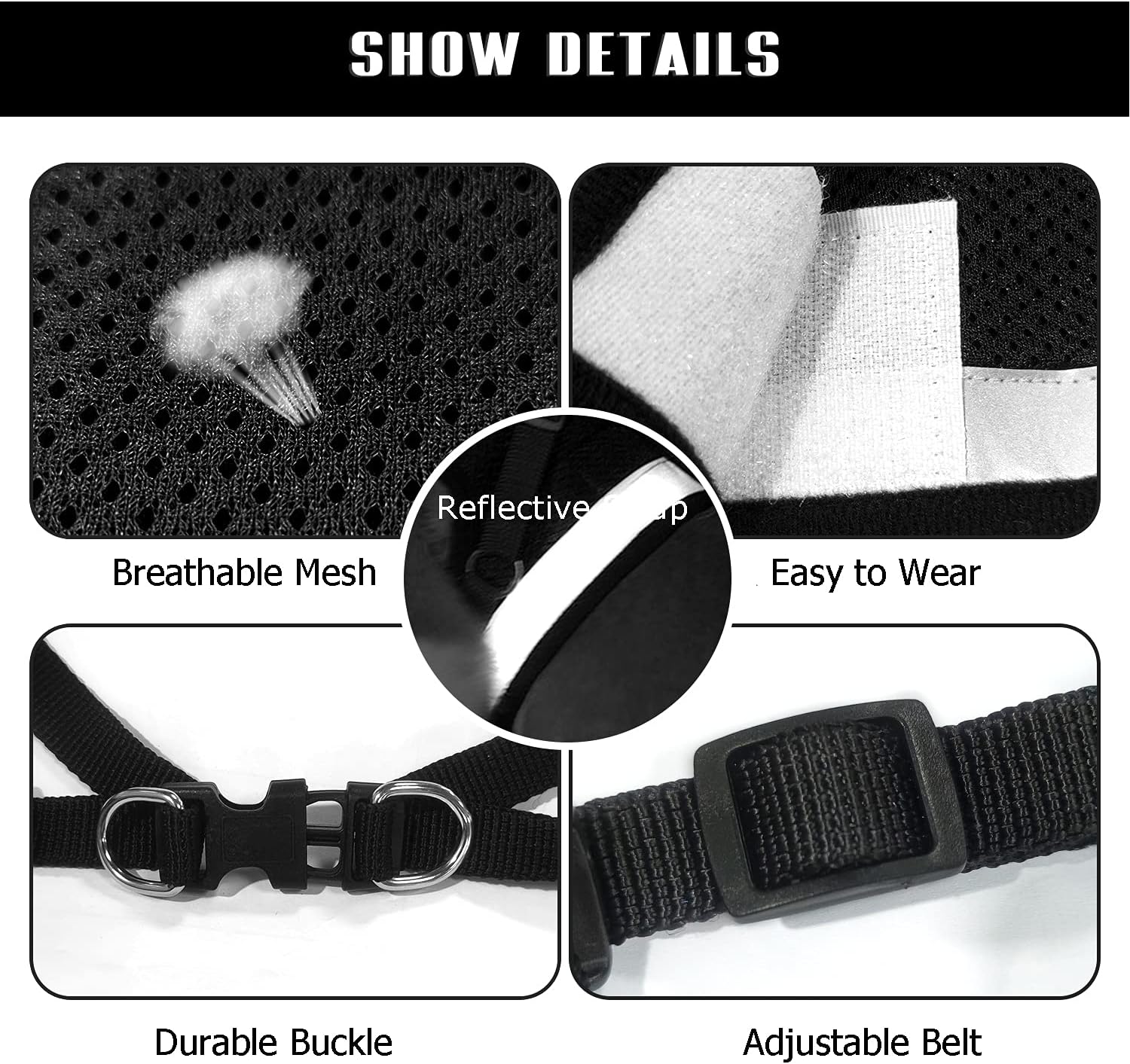 FEimaX Juego de arnés y correa para perro, malla suave ajustable, de fácil control, chaleco ligero para gatos con tiras reflectantes, a prueba de